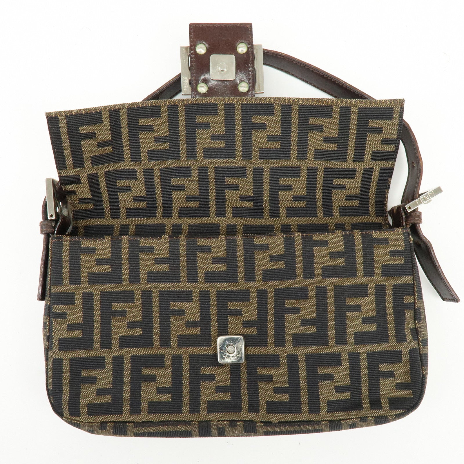 FENDI Mamma Baguette Jacquard Canvas Leather Shoulder Bag Brown 26424