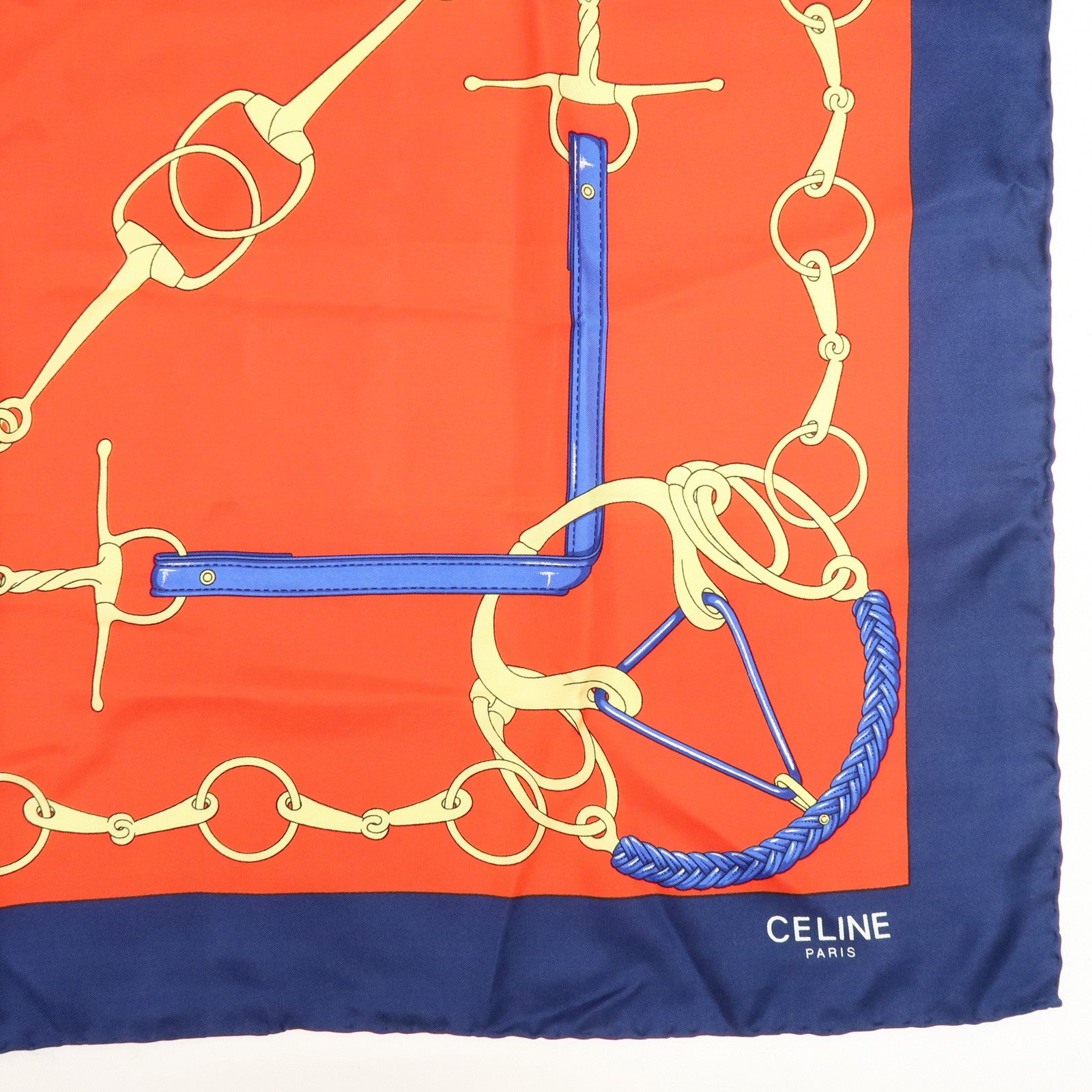 CELINE Set of 2 Silk 100% Scarf Stole Navy Red Gold