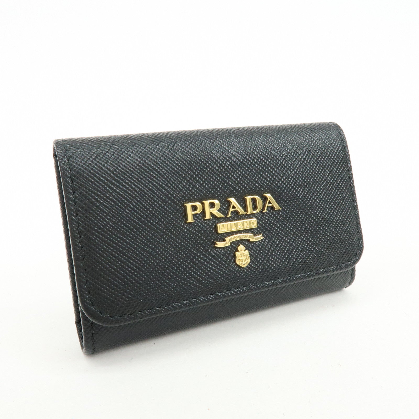 PRADA Logo Saffiano Leather 4 Ring Key Case Key Holder Black 1PG004