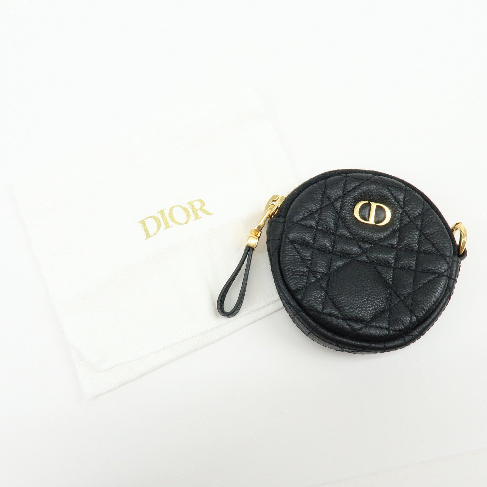 Christian Dior Caro Cannage Calf Skin Round Coin Case Bag Charm Black