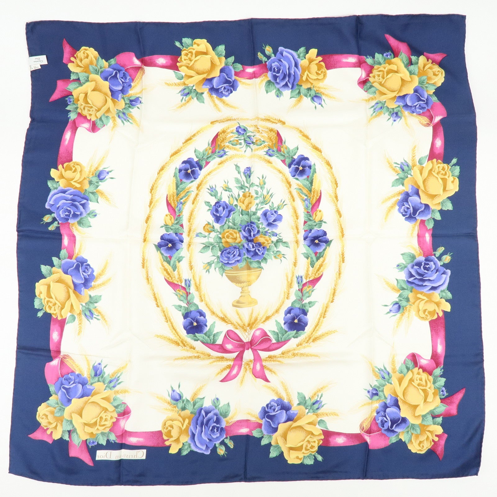 Christian Dior Silk 100% Scarf Flower Wheat Motif Navy Purple Gold