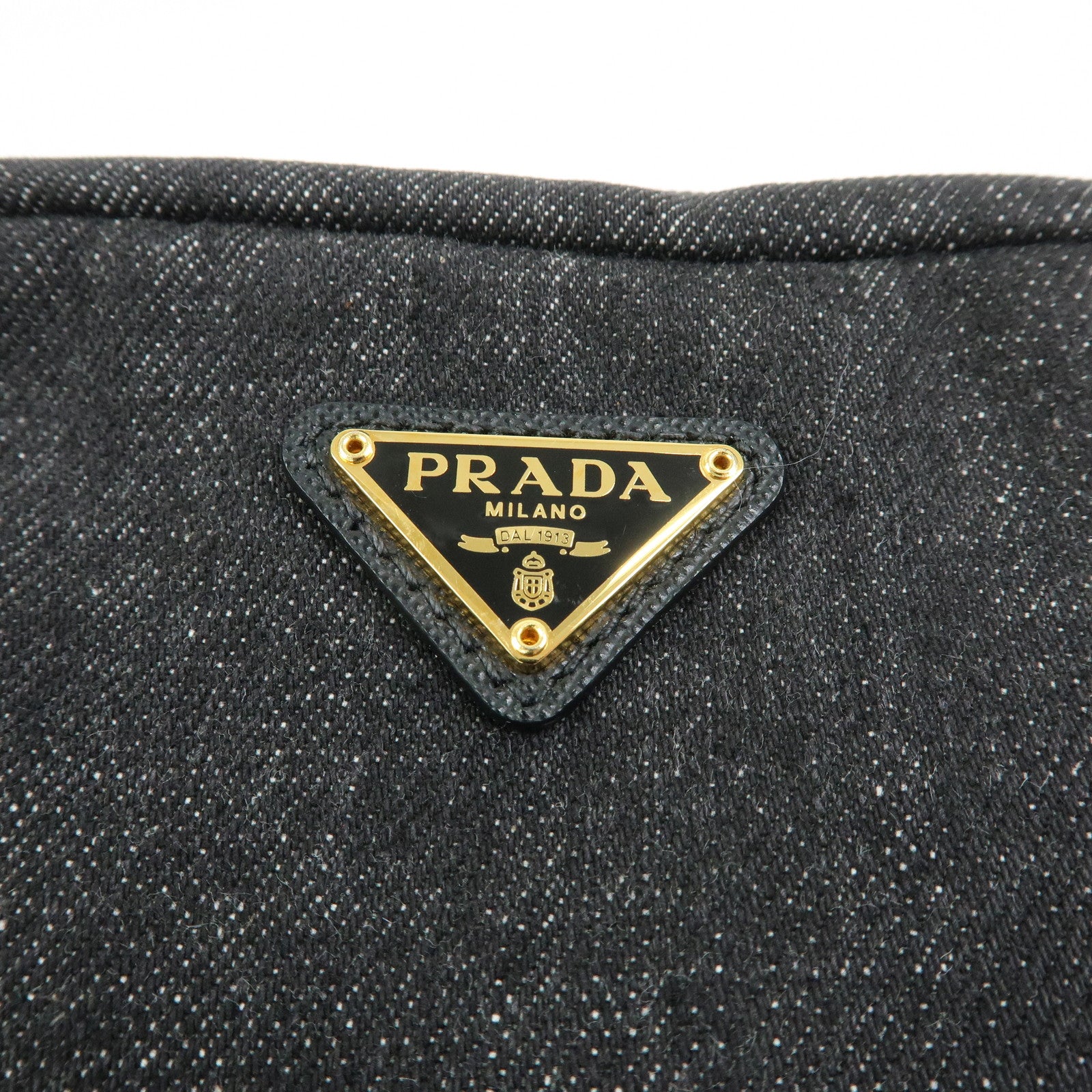 PRADA Triangle Logo Denim Cosmetic Pouch Black Gold