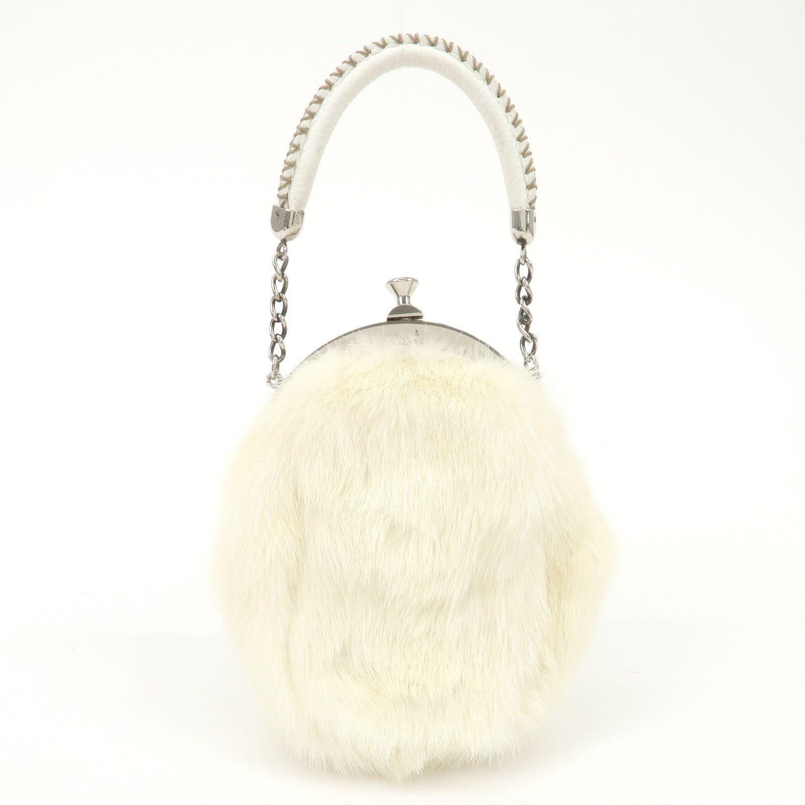 FENDI Seleria Leather Fur Flower Motif Kiss Lock Pouch Hand Bag 8BK048 Used