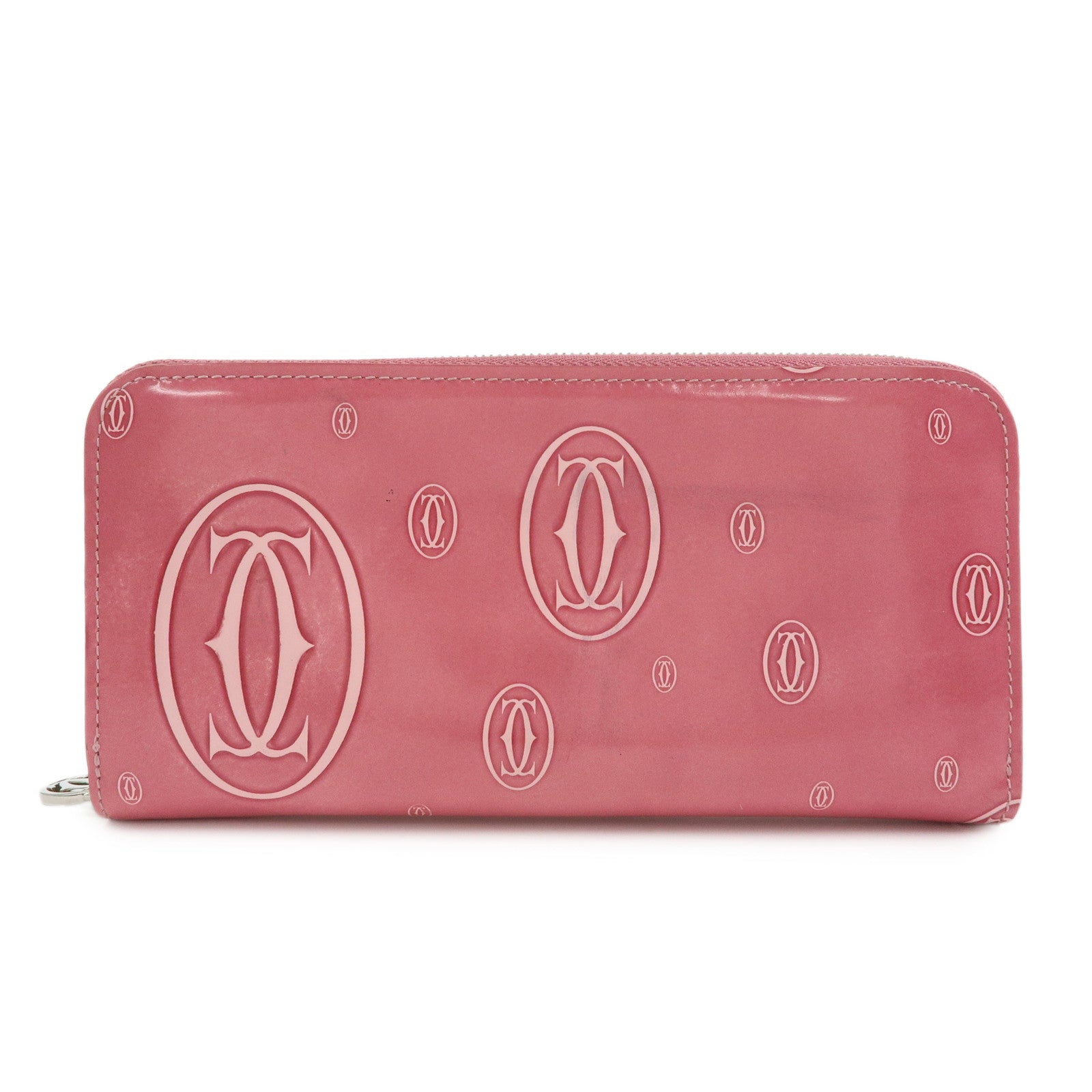 Cartier Happy Birthday Patent Leather Round Zippy Long Wallet Pink