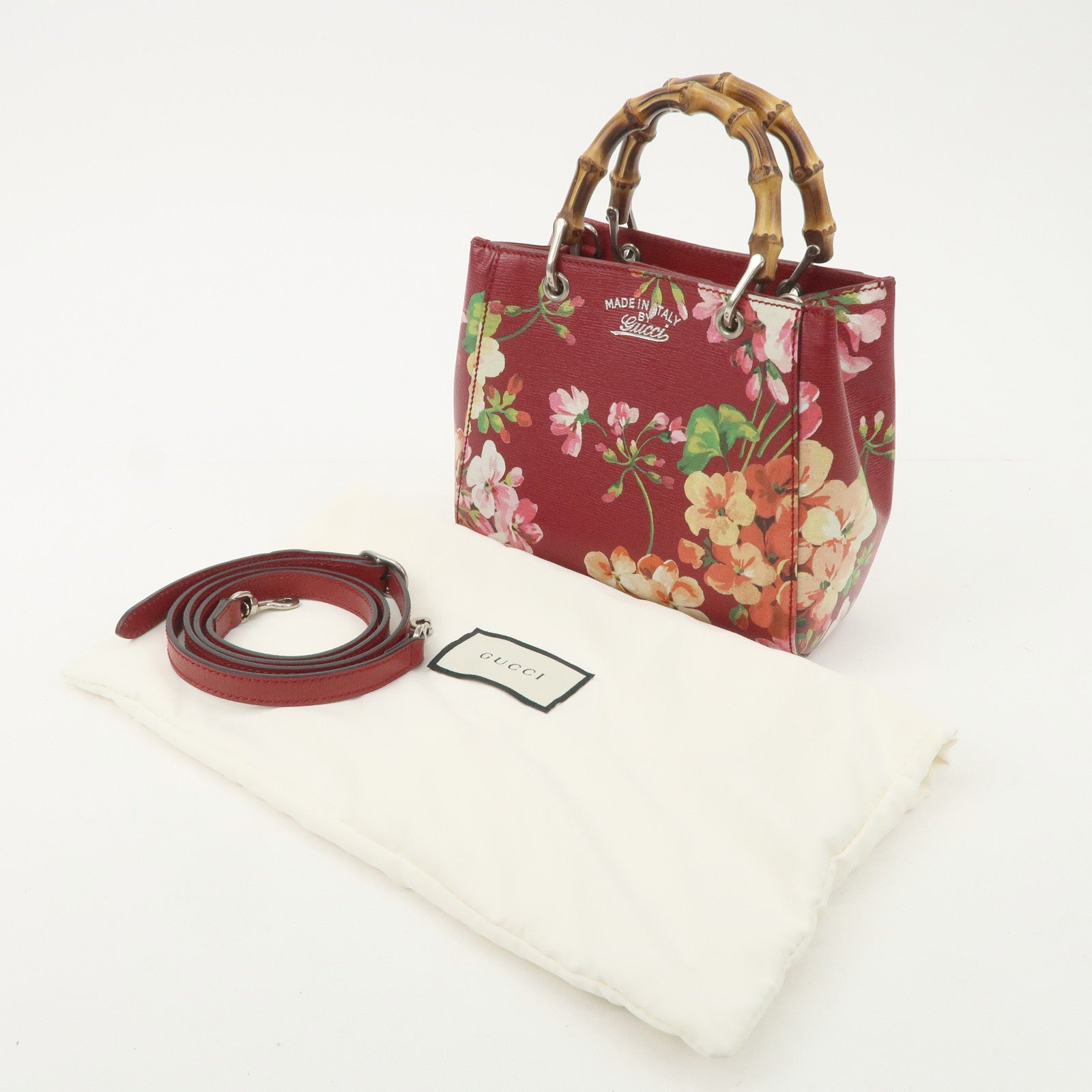 GUCCI Bamboo Leather Flower Mini Shopper 2Way Hand Bag Red 368823 Used
