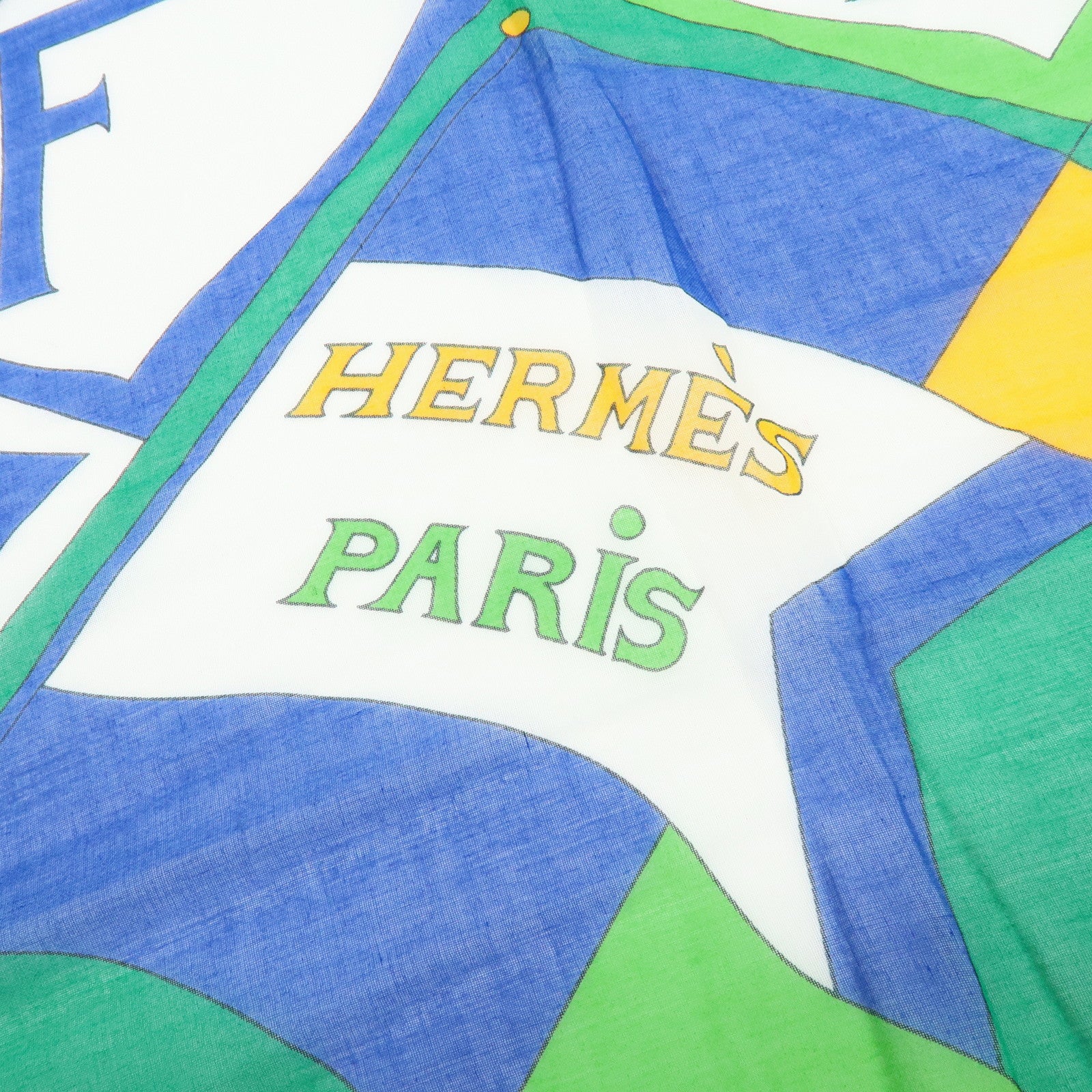 HERMES Vive La France Cotton 100% Scarf Pareo Green Blue Yellow