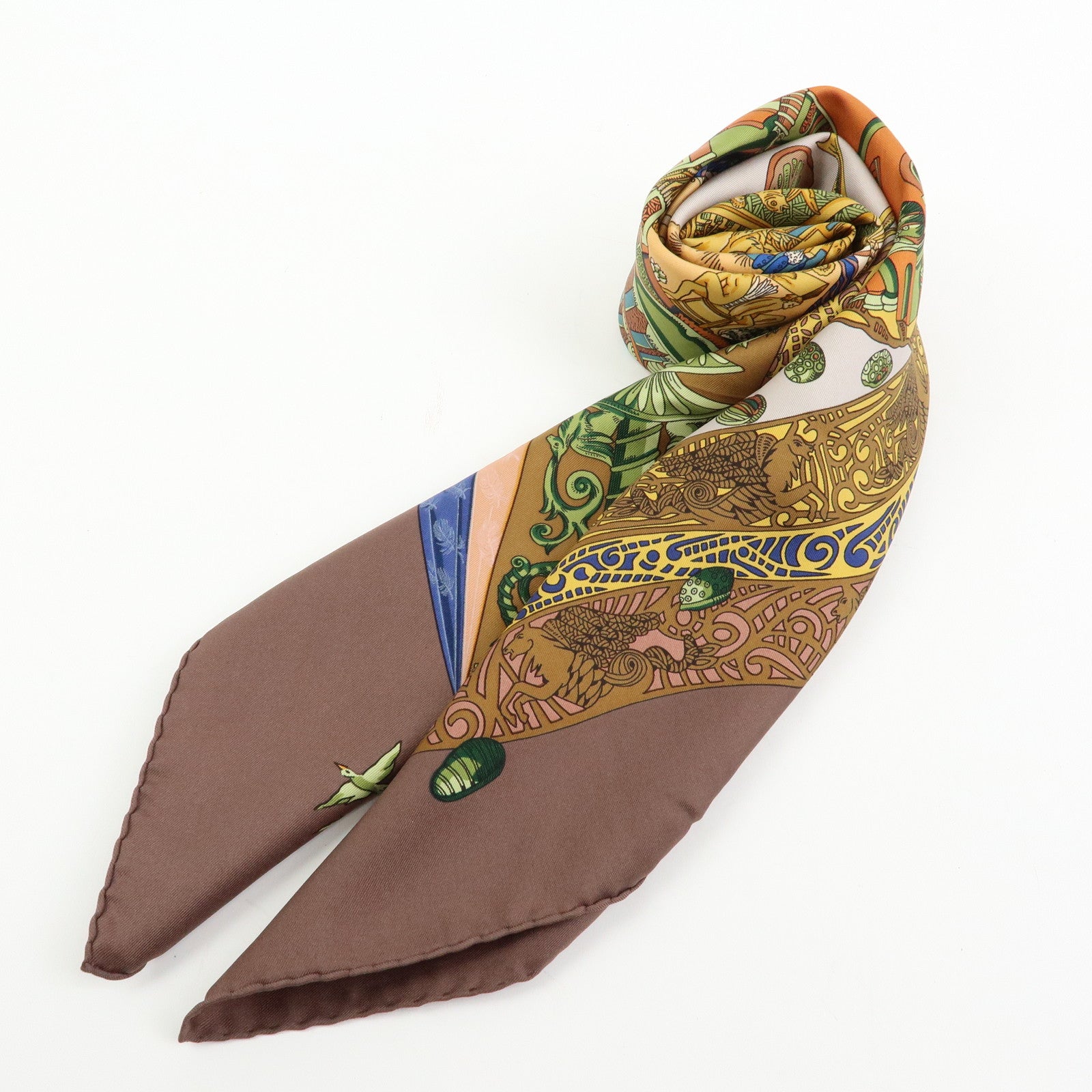 HERMES Carre 90 Silk 100% Scarf L ATLANTIDE Brown Blue Gold
