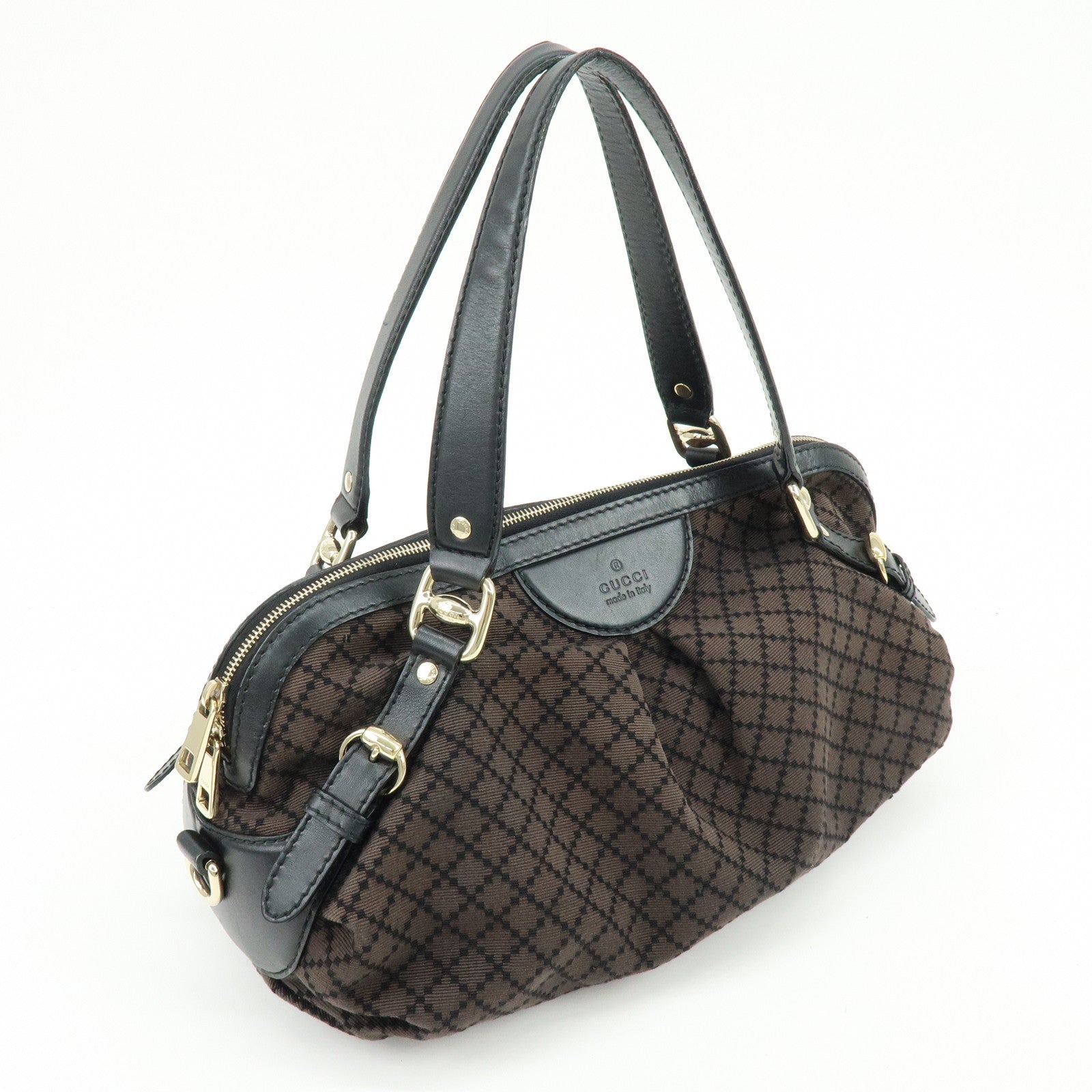 GUCCI Diamante Canvas Leather Shoulder Bag Boston Bag Black 269930