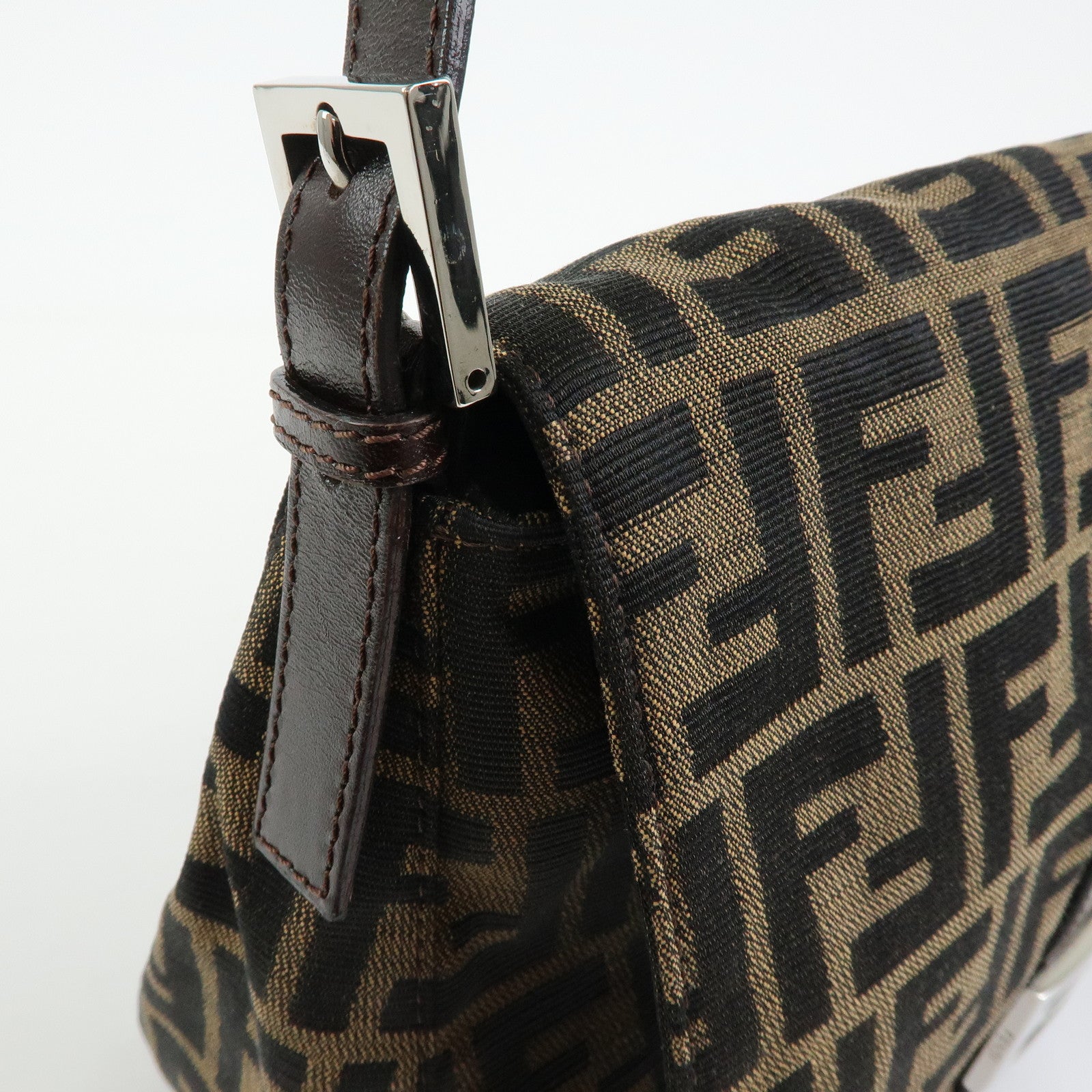 FENDI Mamma Baguette Zucca Canvas Leather Shoulder Bag Brown 26325