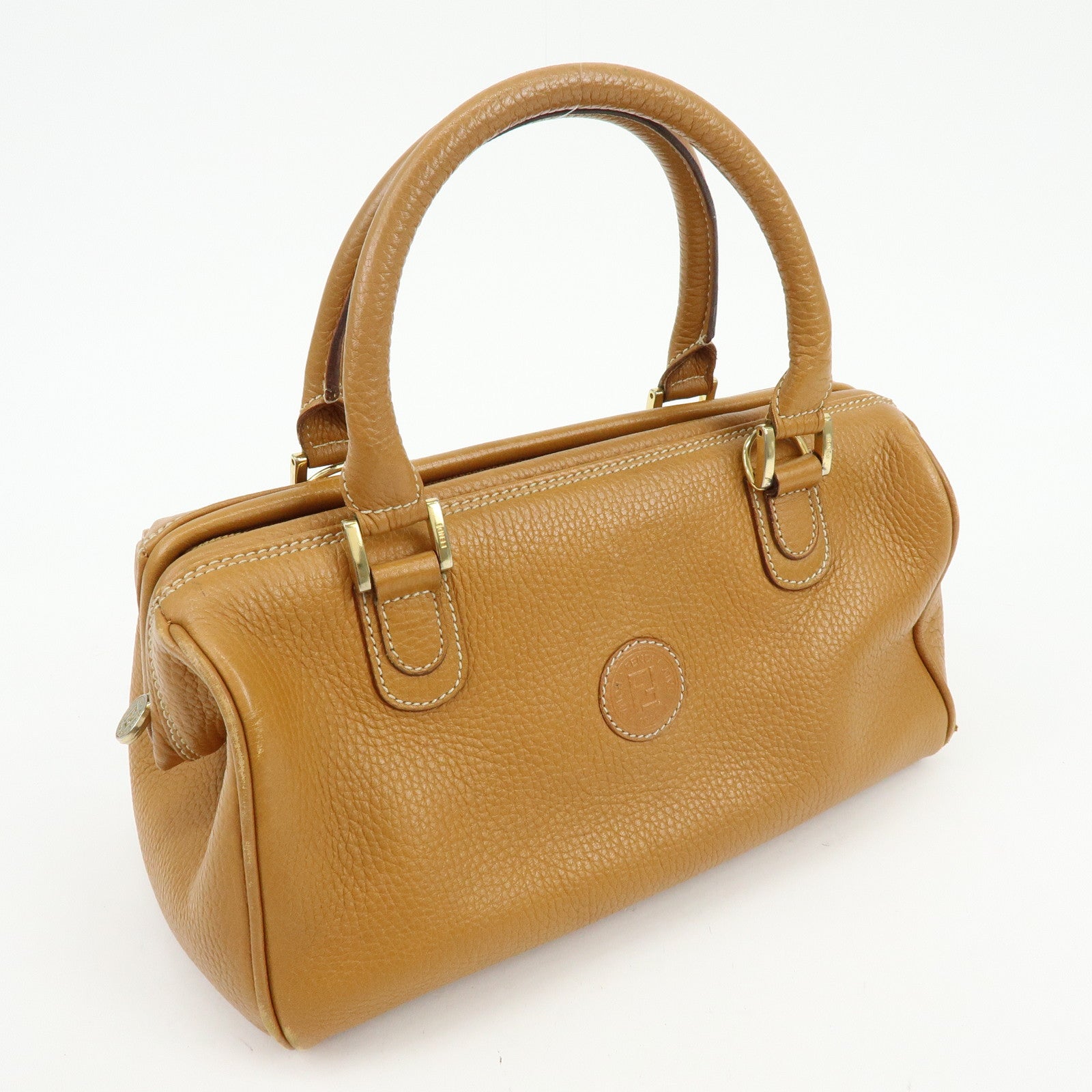 FENDI FF Logo Leather 2Way Bag Hand Bag Boston Bag Camel