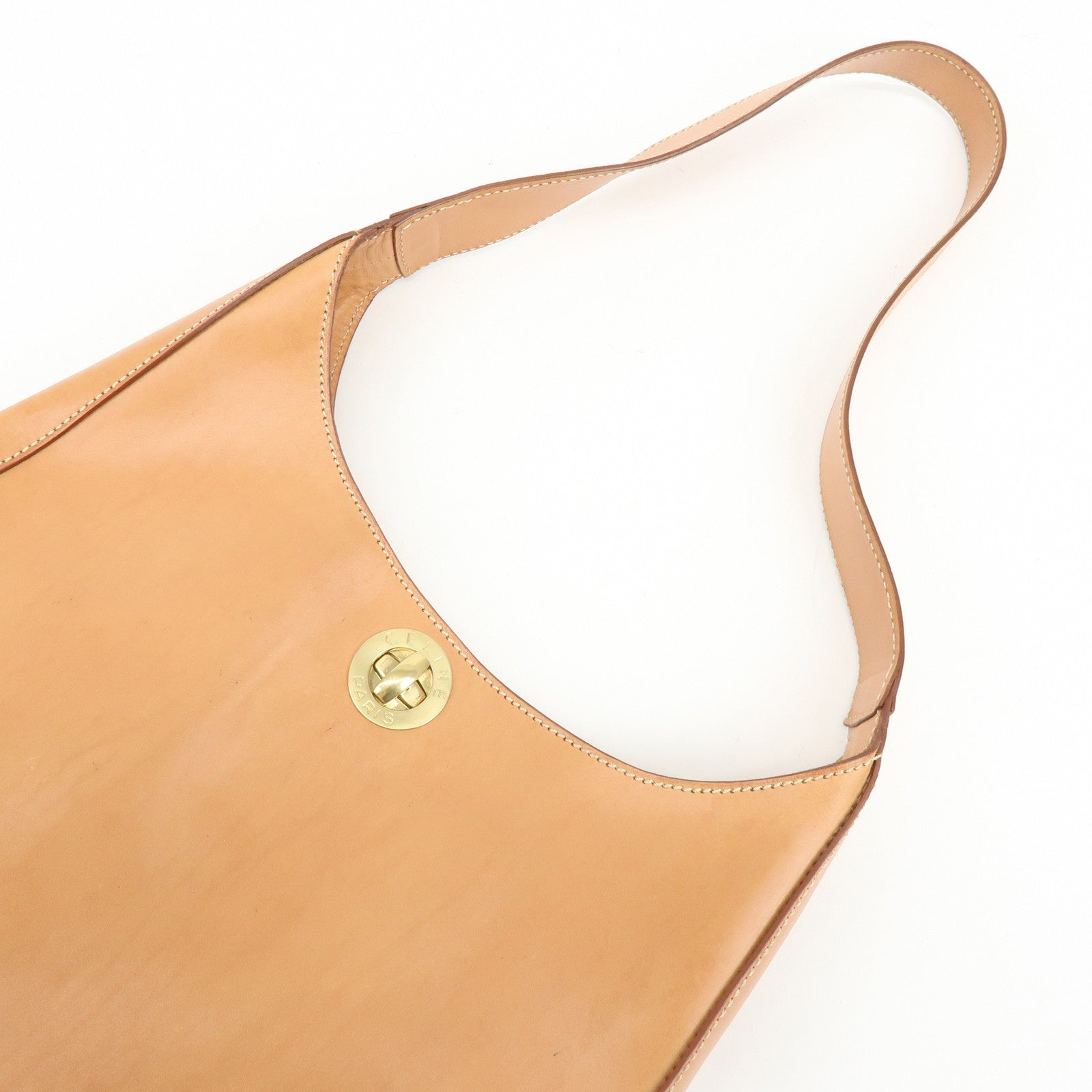 CELINE Logo Leather Turn Lock Shoulder Bag Hand Bag Light Brown