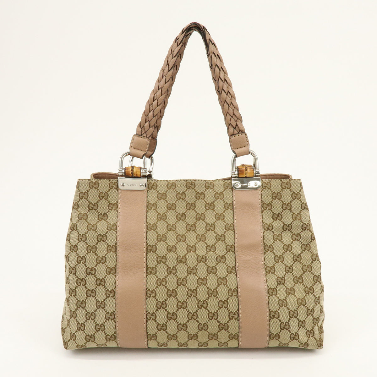 GUCCI Bamboo GG Canvas Leather Tote Bag Beige Brown Pink 232947
