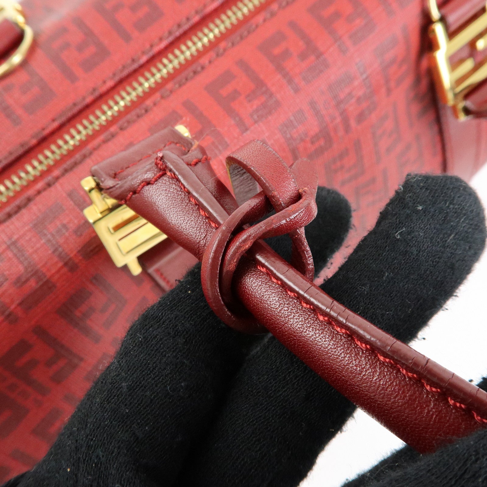 FENDI Zucchino PVC Leather Boston Bag Hand Bag Red 8BL098