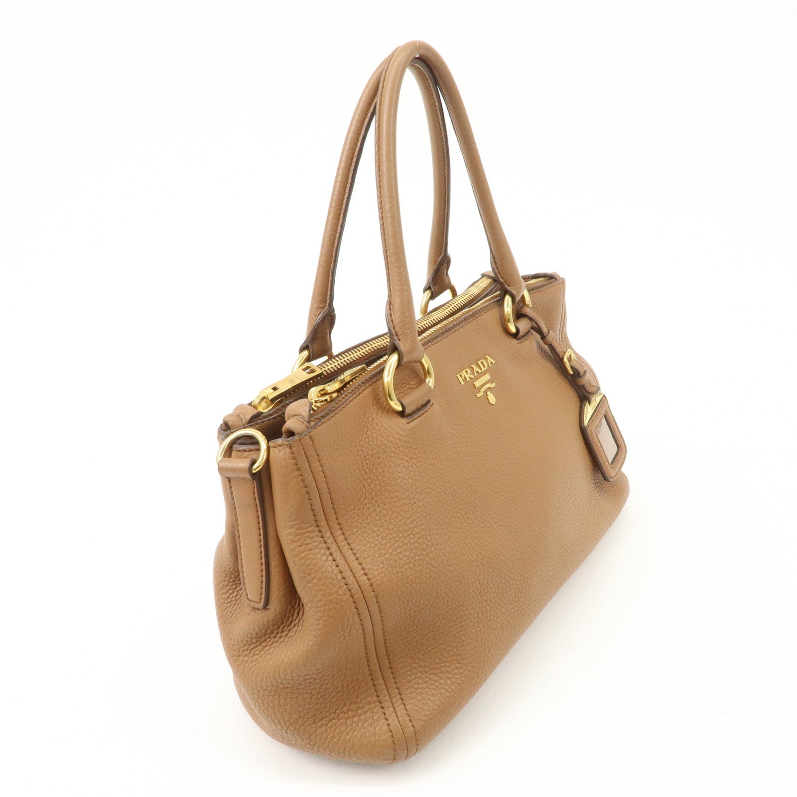 PRADA Logo Leather 2WAY Tote Bag Hand Bag Brown Gold Hardware Used