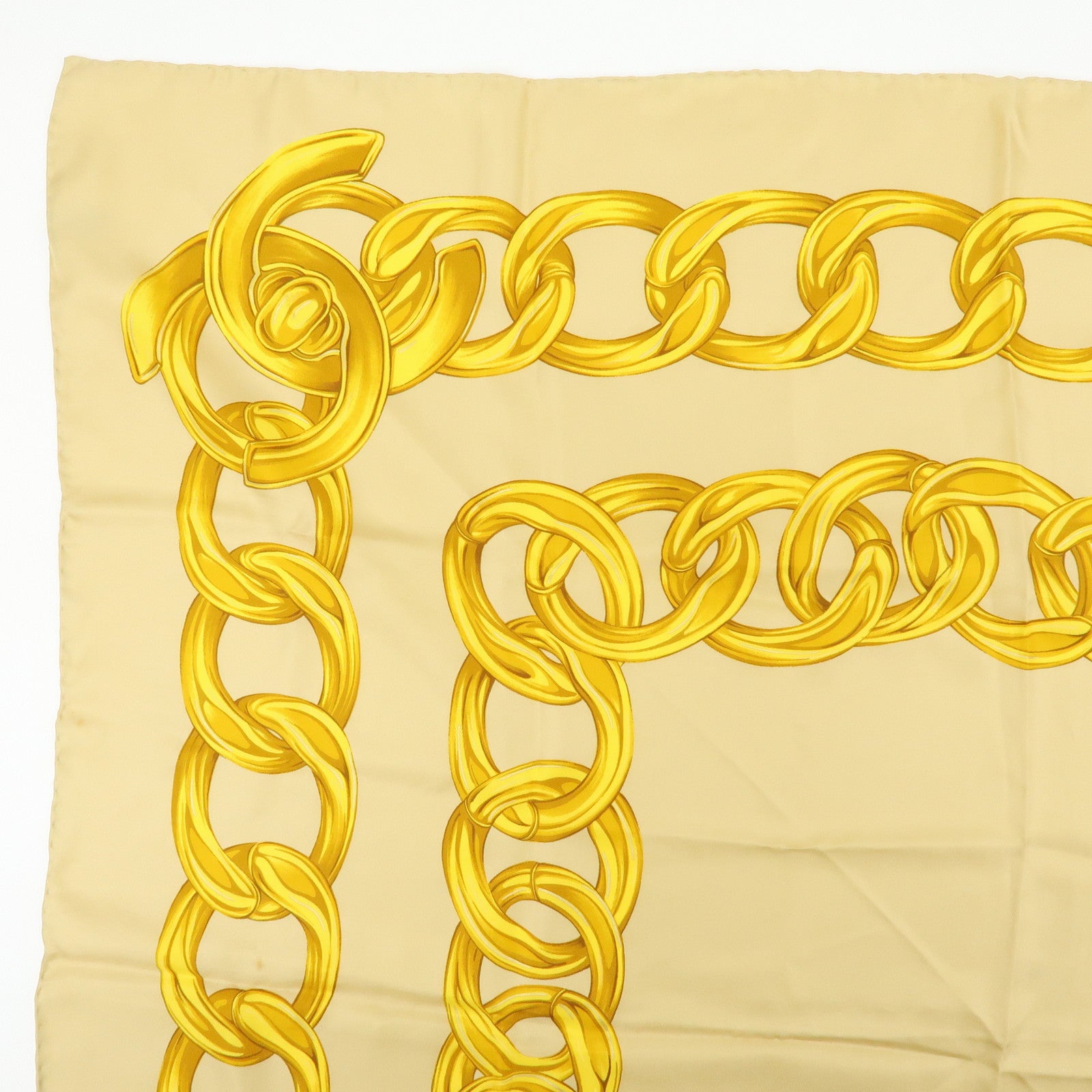 CHANEL Silk 100% Scarf Gold Chian Motif Beige Gold