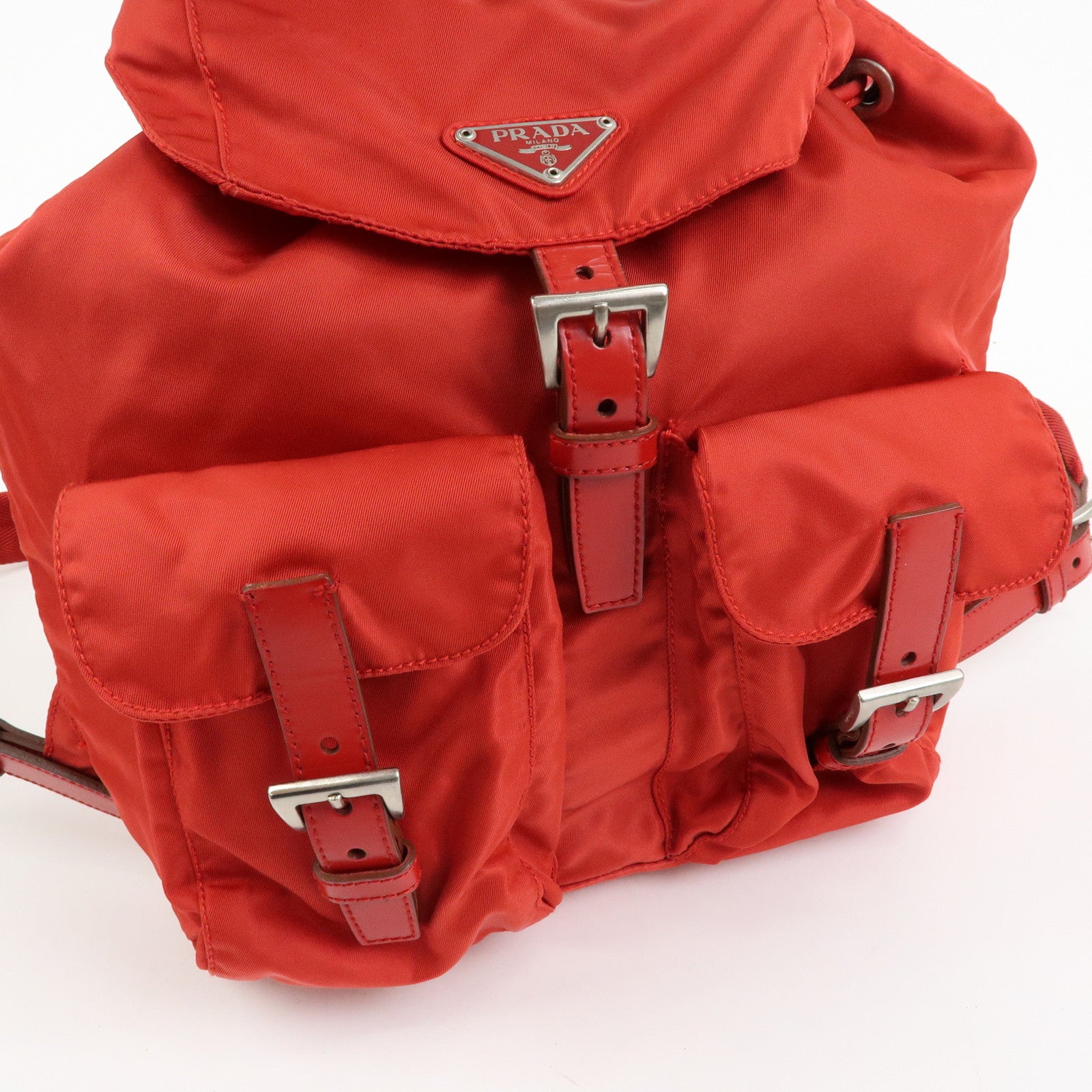 PRADA Triangle Logo Nylon Leather Backpack Rucksuck Red