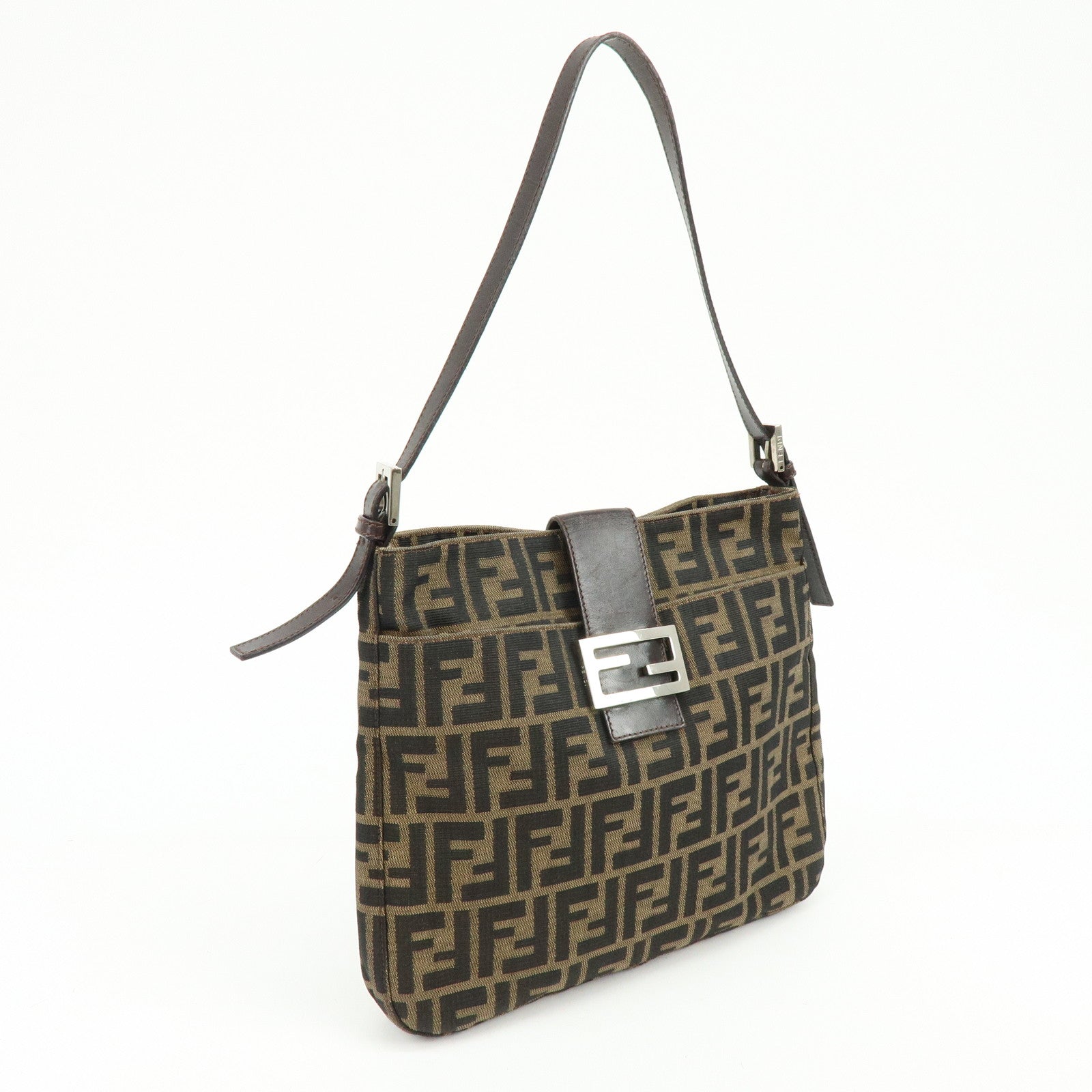 FENDI Zucca Jacquard Canvas Leather Hand Bag Shoulder Bag Brown