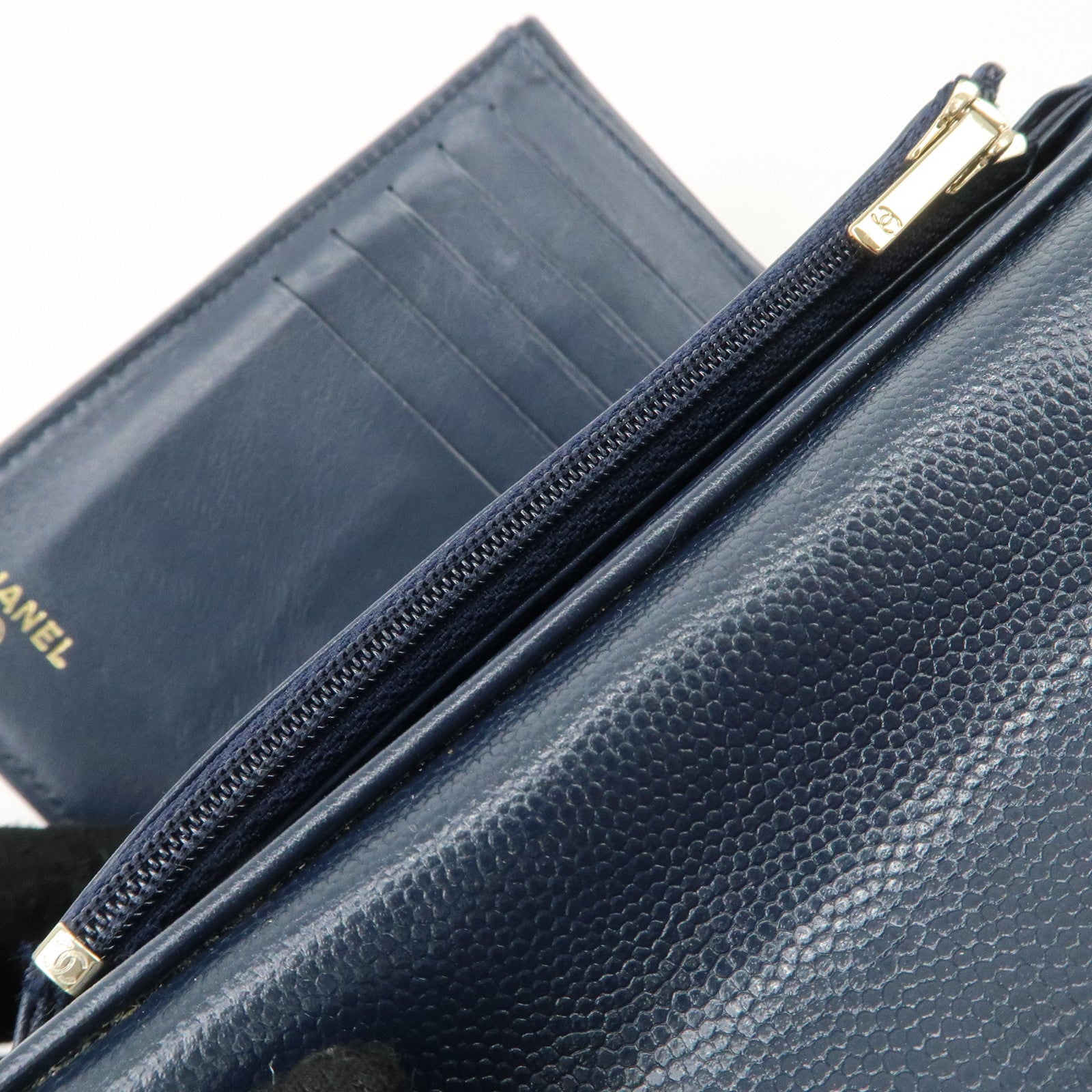 CHANEL Matelasse Caviarskin Tri-fold Wallet Small Wallet Navy AP0232 Used