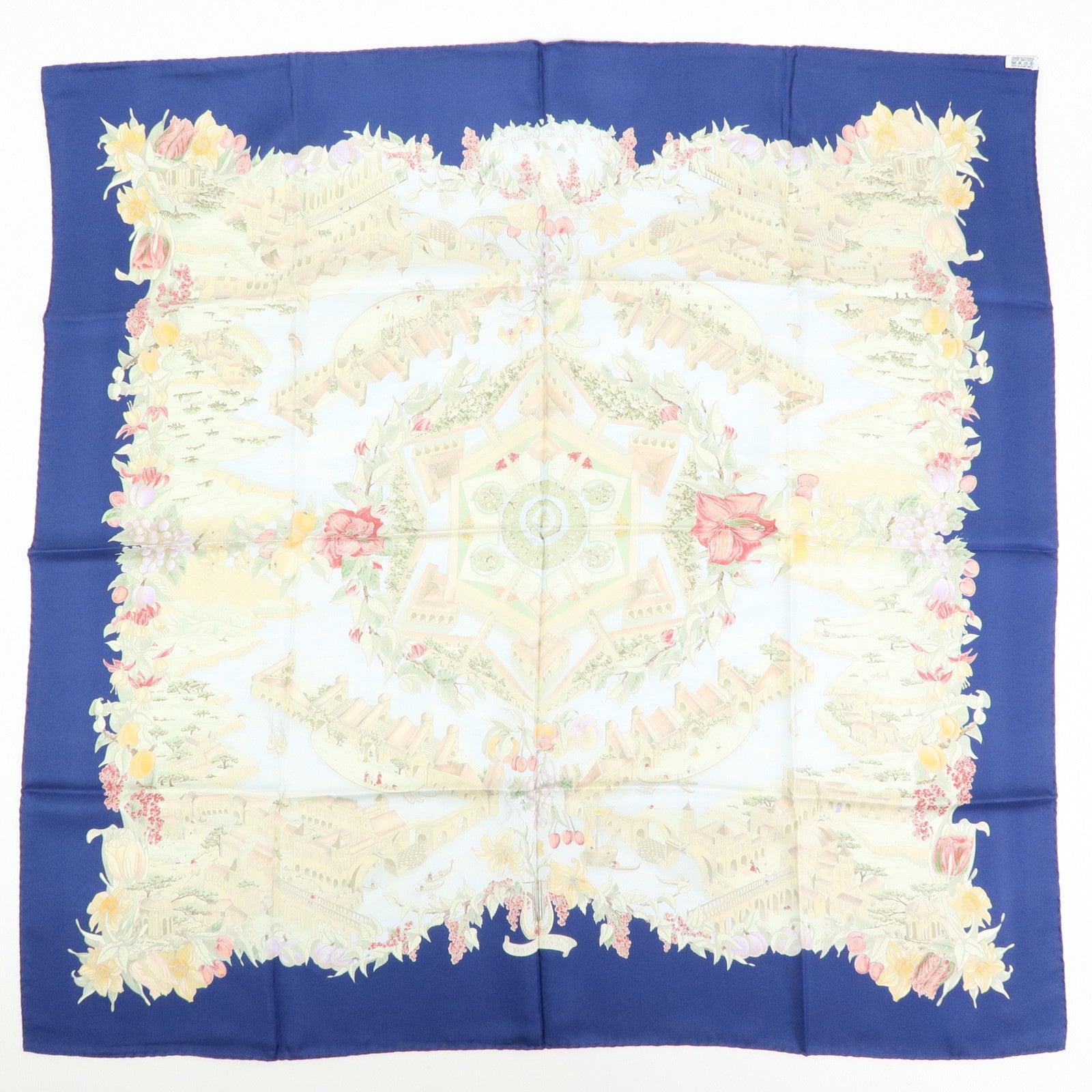 HERMES Carre 90 Silk 100% Scarf Au Pays de Cocagne Blue Beige Red