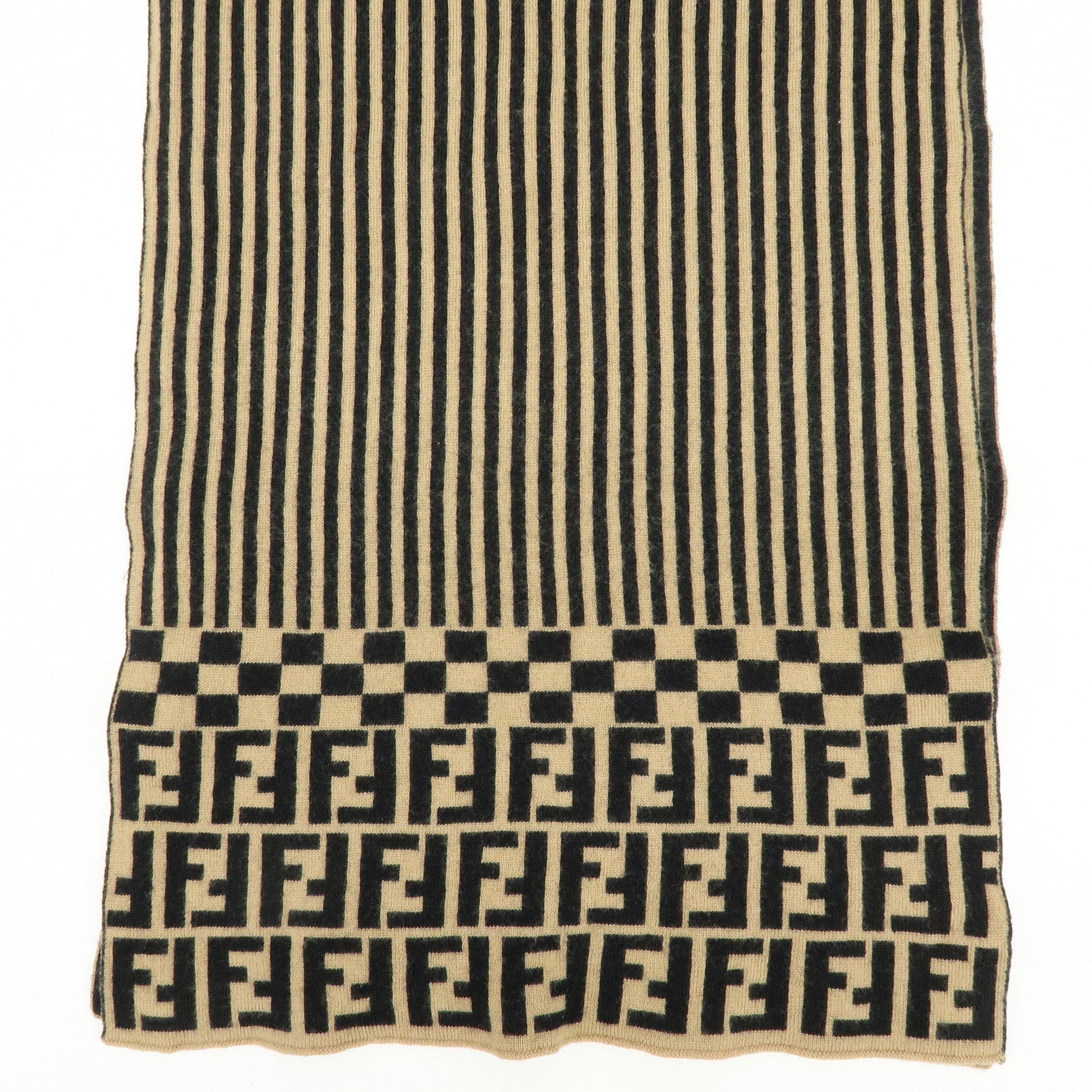 FENDI Zucca FF Logo Wool 100% Scarf Stole Stripe Beige Black