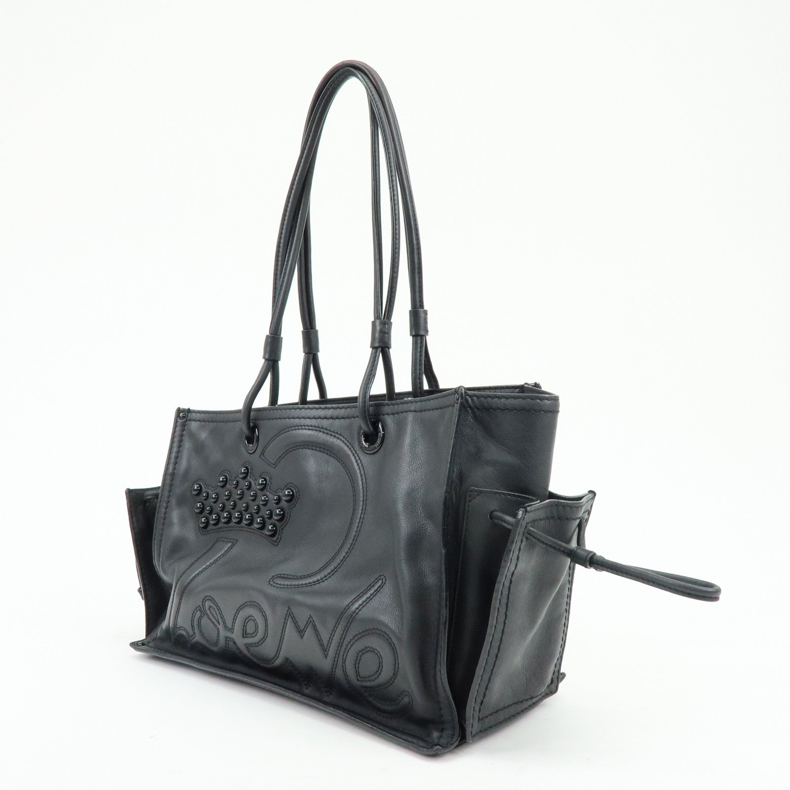 LOEWE Crown Logo Shopper Tote Leather Shoulder Bag Tote Bag Black