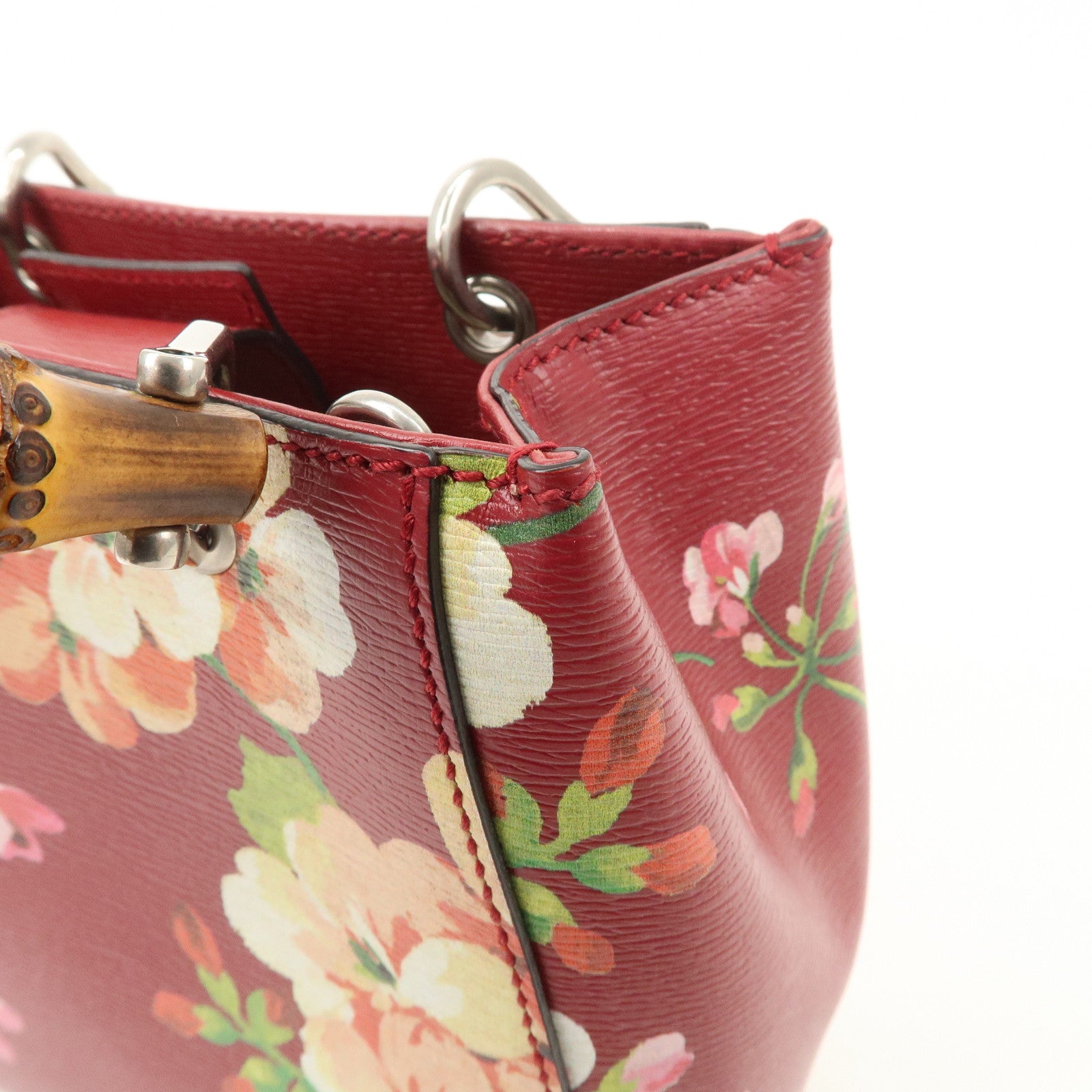 GUCCI Bamboo Leather Flower Mini Shopper 2Way Hand Bag Red 368823 Used