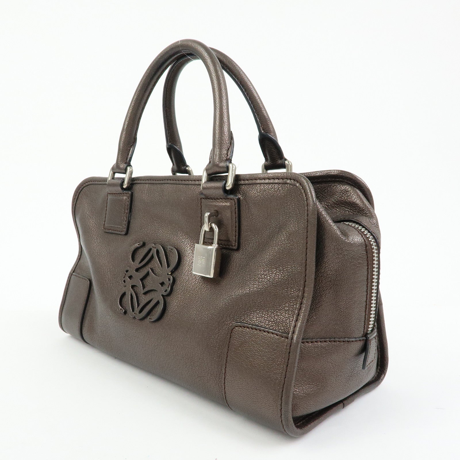 LOEWE Anagram Amazona 28 Leather Hand Bag Boston Bag Metallic Brown