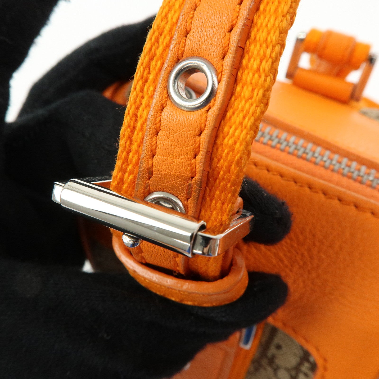 Christian Dior Trotter Jacquard Canvas Leather Hand Bag Beige Orange