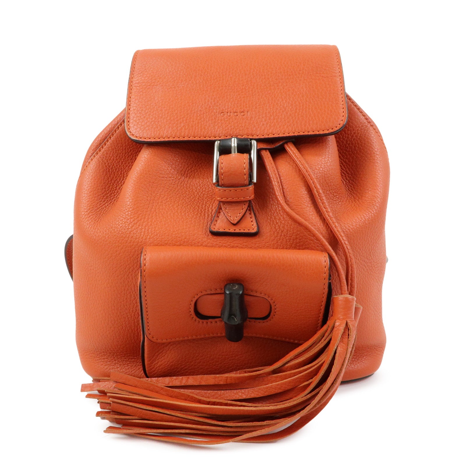 GUCCI Bamboo Leather Backpack Rucksack Tassel Strap Orange 387149