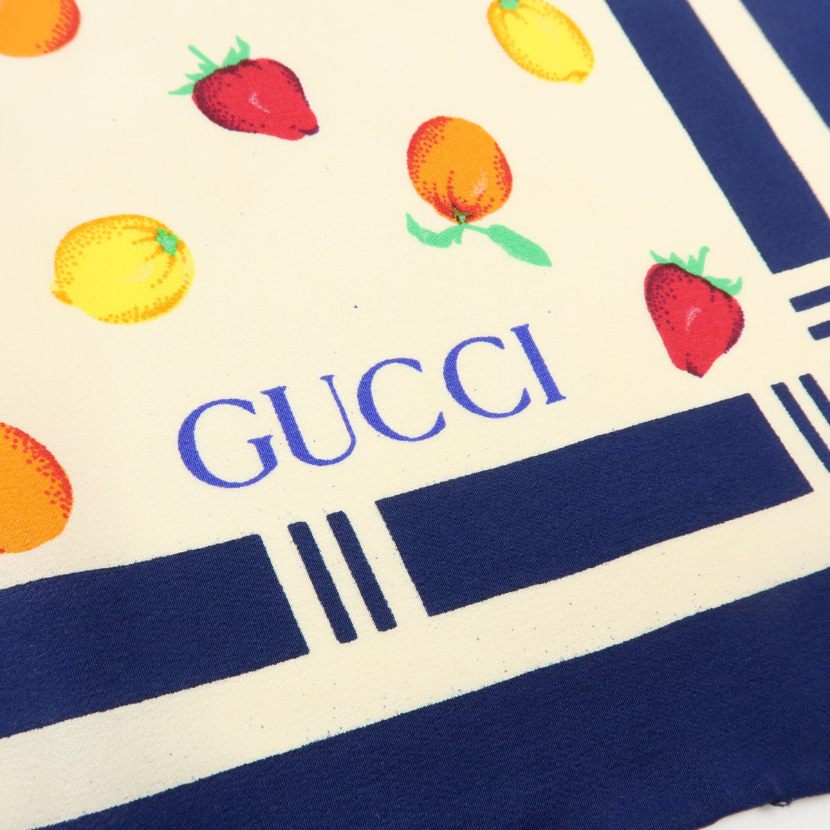 GUCCI Silk 100% Scarf Shawl Fruit Pattern Navy Multicolor