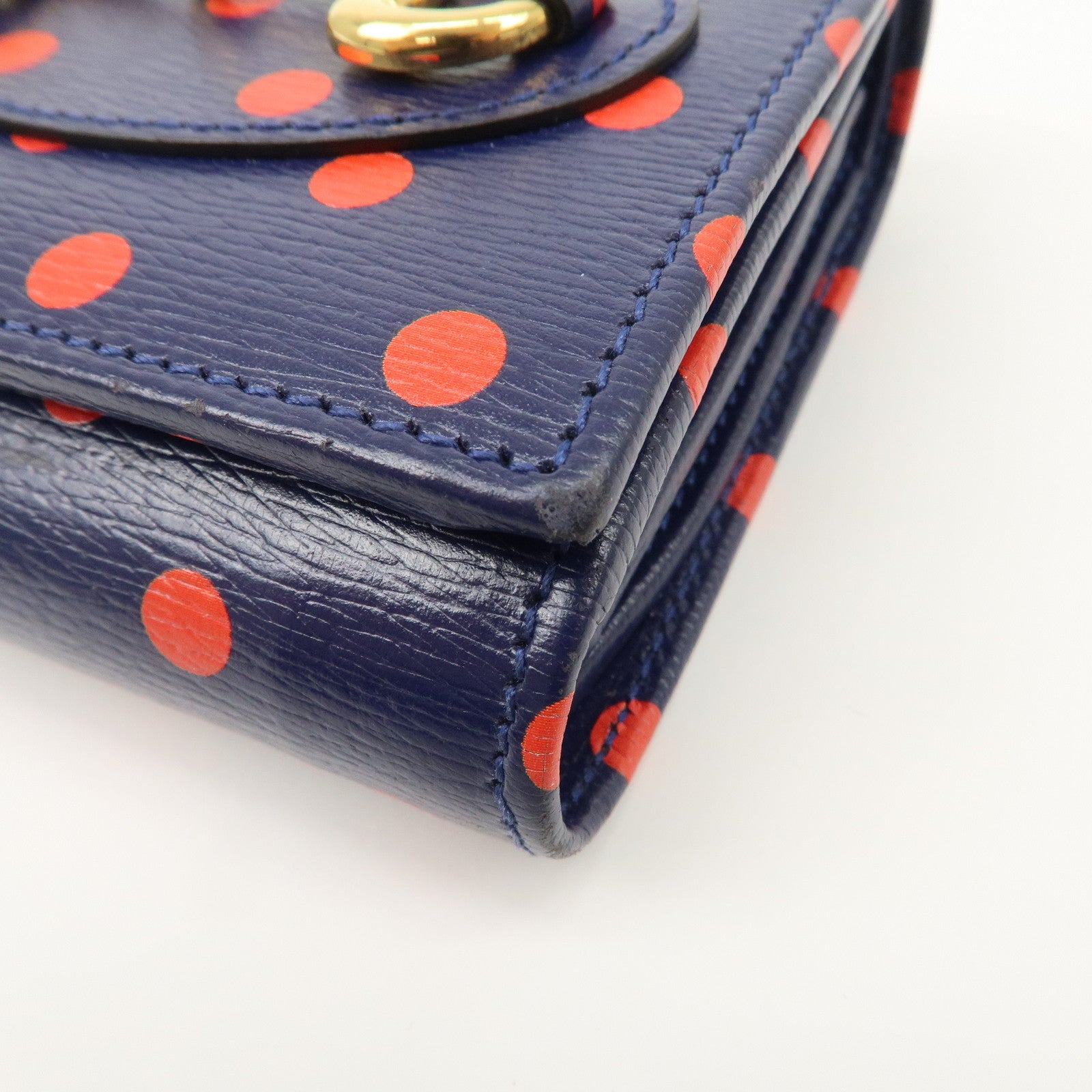 GUCCI Horsebit Dots Pattern Leather Bi-fold Wallet Navy Red 621891 Used