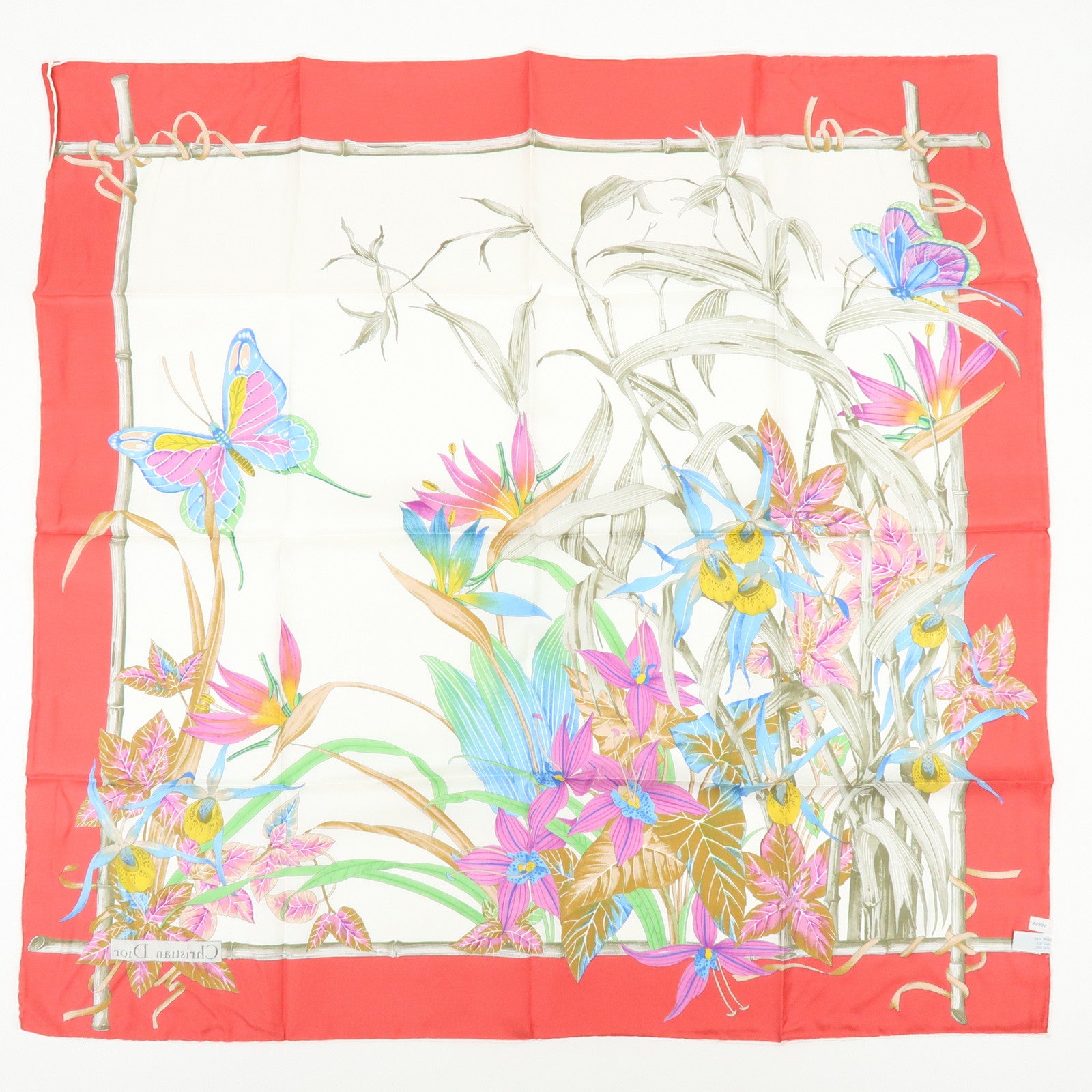 Christian Dior Set of 2 Silk 100% Scarf Flower Butterfly Red Navy