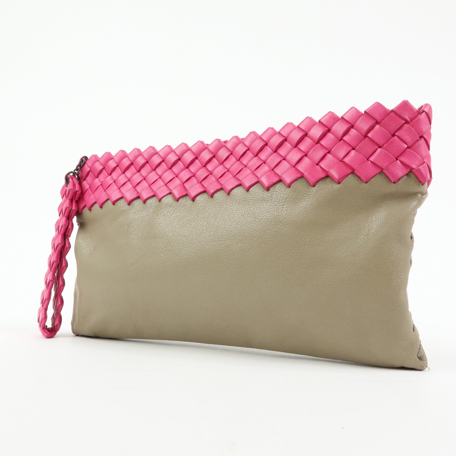 Bottega Veneta Intrecciato Leather Clutch Bag Flat Pouch Beige Pink