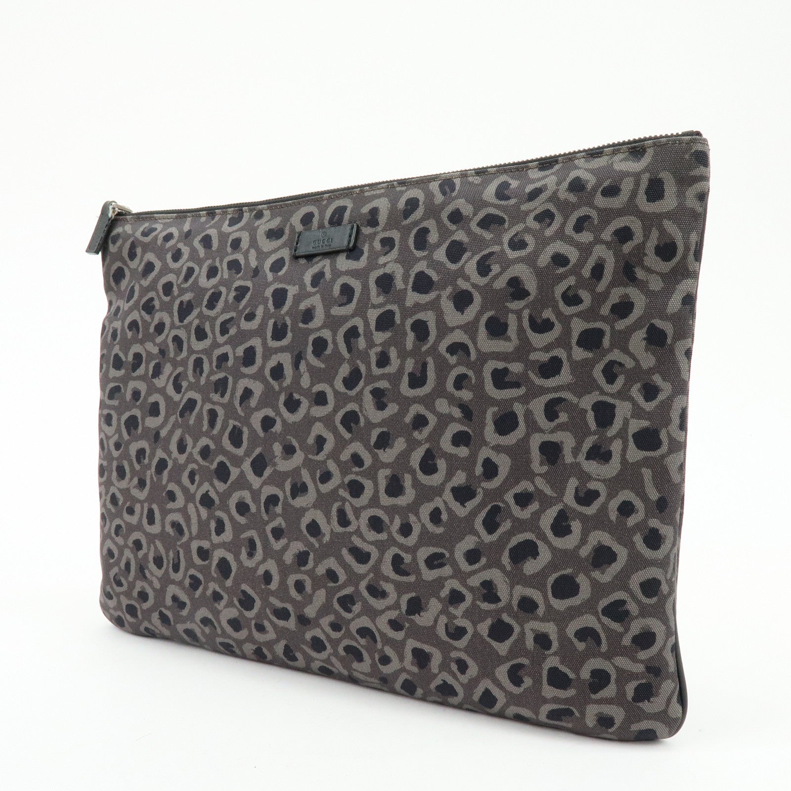 GUCCI Canvas Leather Clutch Bag Leopard Grey Black 353478