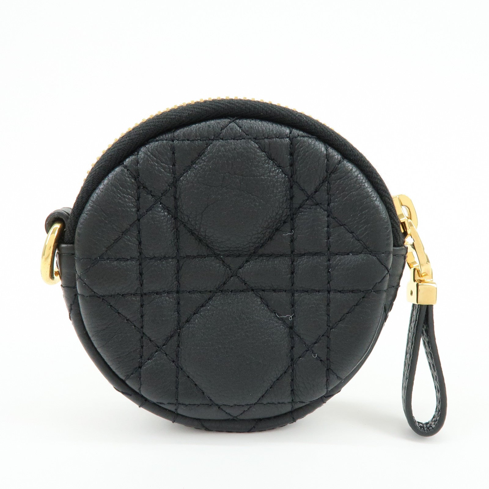 Christian Dior Caro Cannage Calf Skin Round Coin Case Bag Charm Black