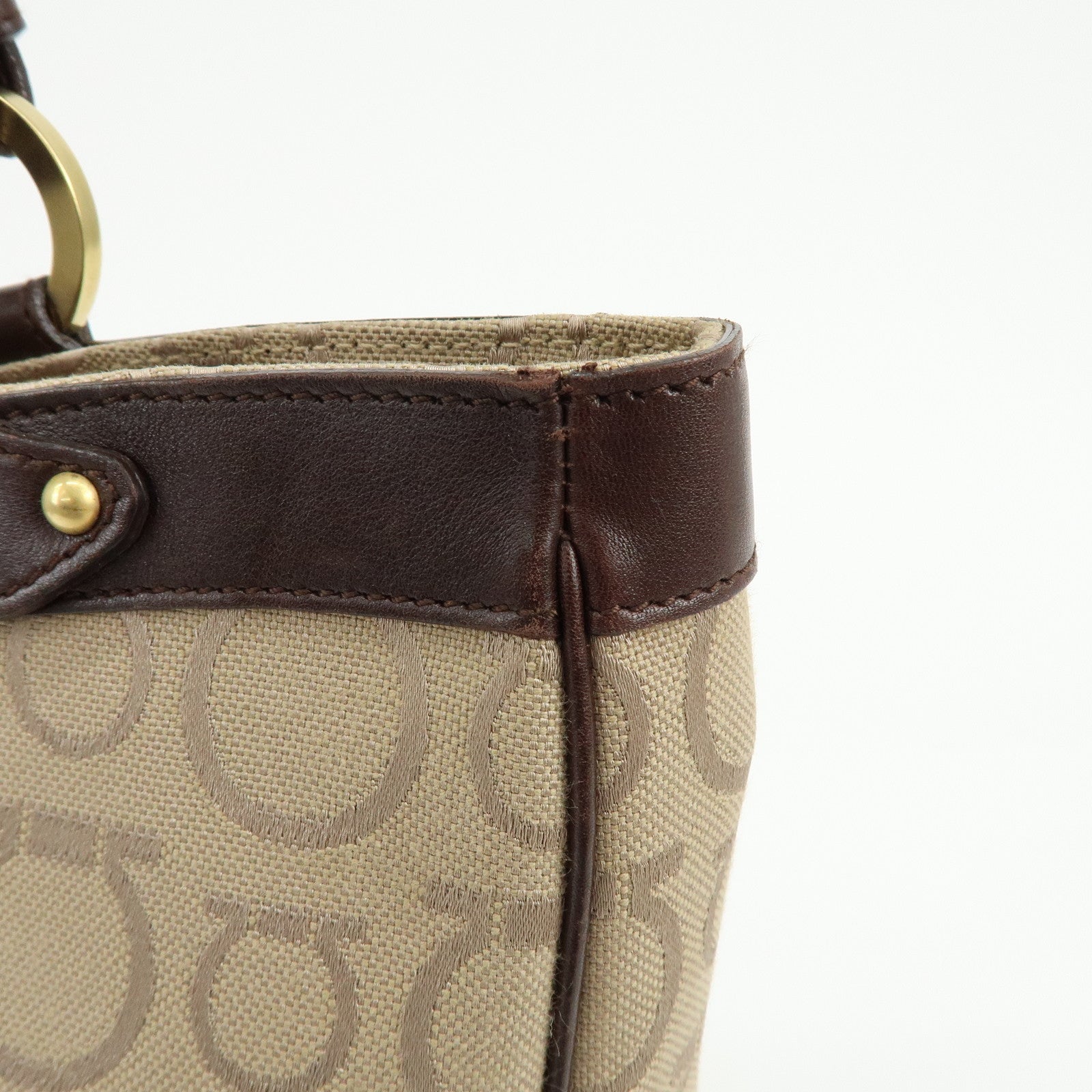 Ferragamo Gancini Canvas Leather Tote Bag Hand Bag Beige Brown