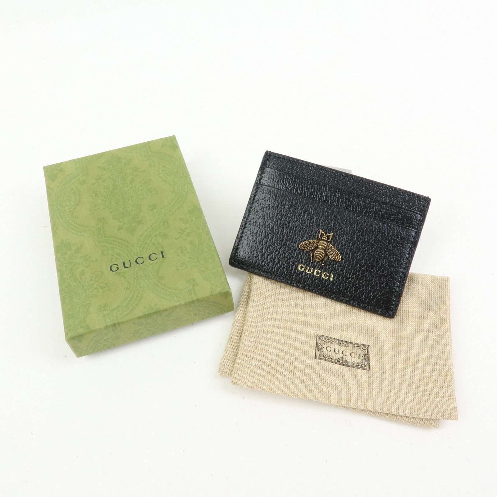 GUCCI Animalier Leather Card Case Card Holder Bee Motif Black 523685