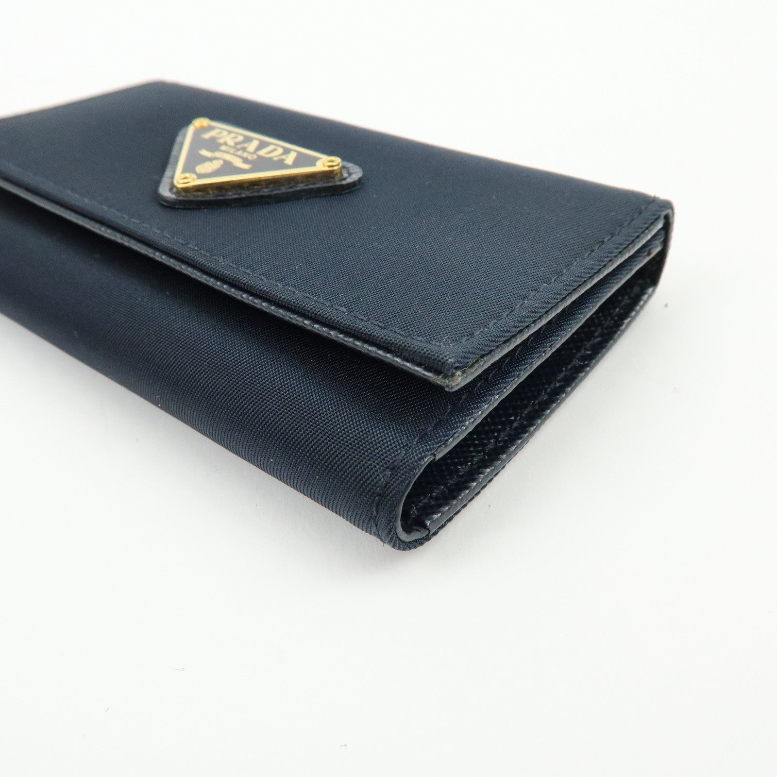 PRADA Triangle Logo Nylon Saffiano Leather Key Case Black 1M0222