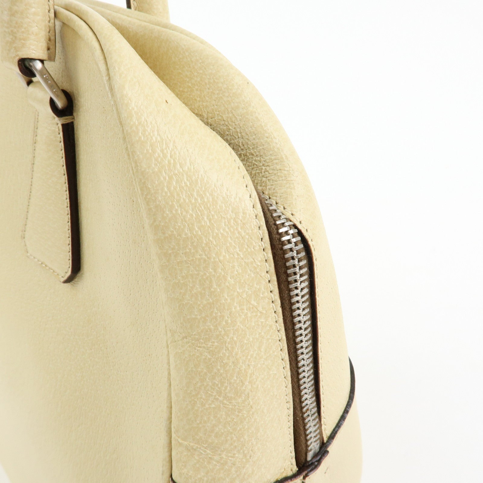 Prada Triangle Logo Leather Hand Bag Dome Bag Beige B11209