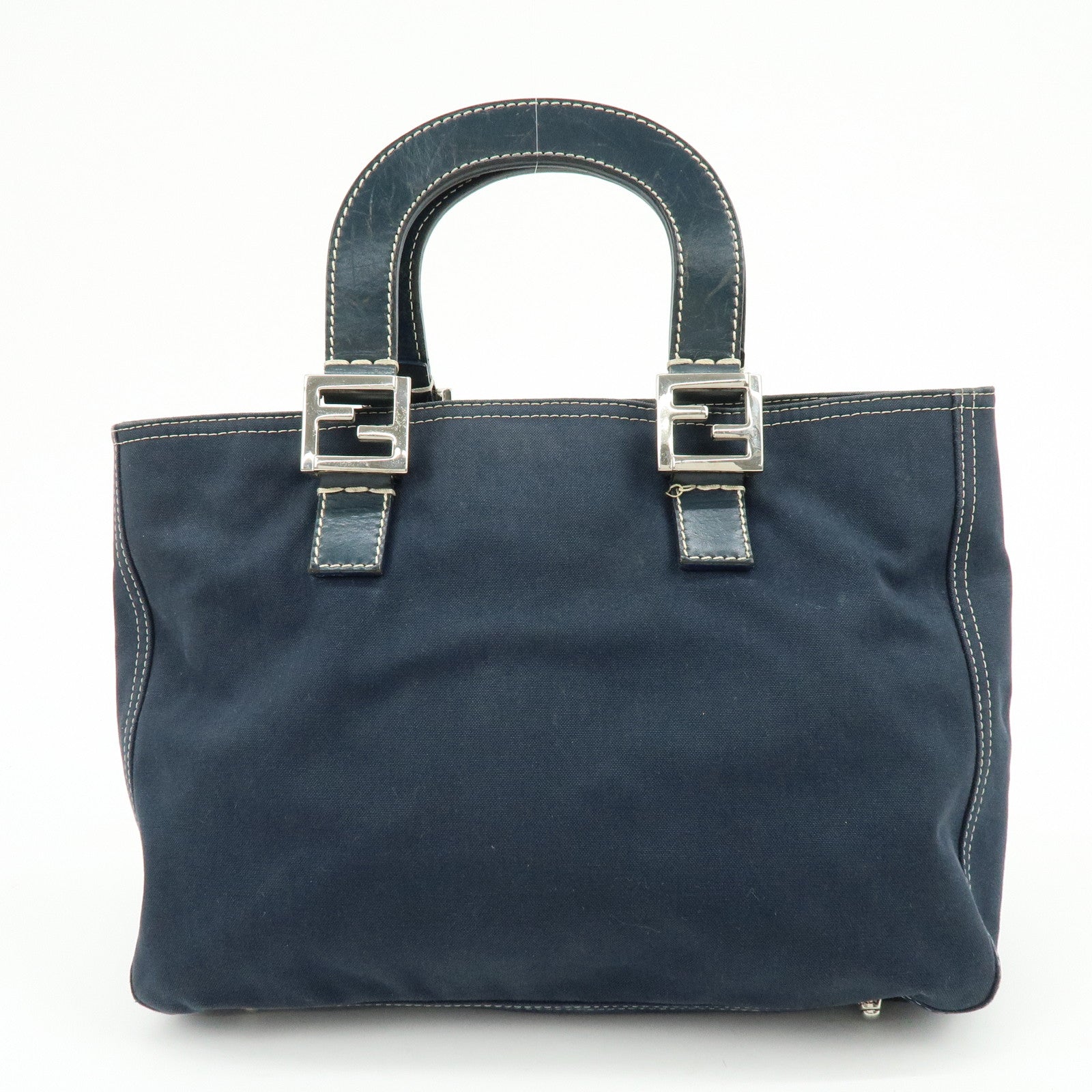 FENDI Canvas Leather Tote Bag Hand Bag White Stitch Navy 26693