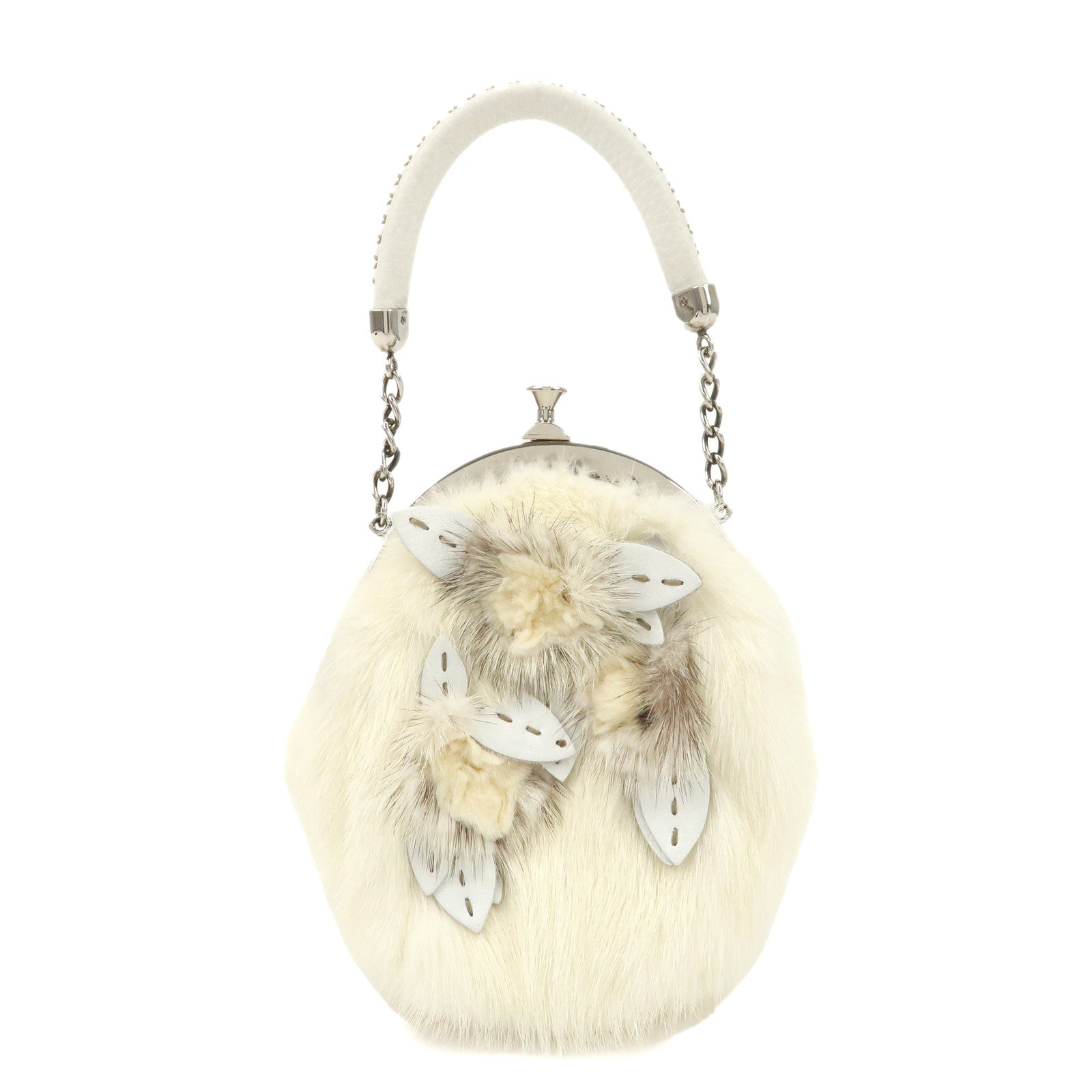 FENDI Seleria Leather Fur Flower Motif Kiss Lock Pouch Hand Bag 8BK048 Used