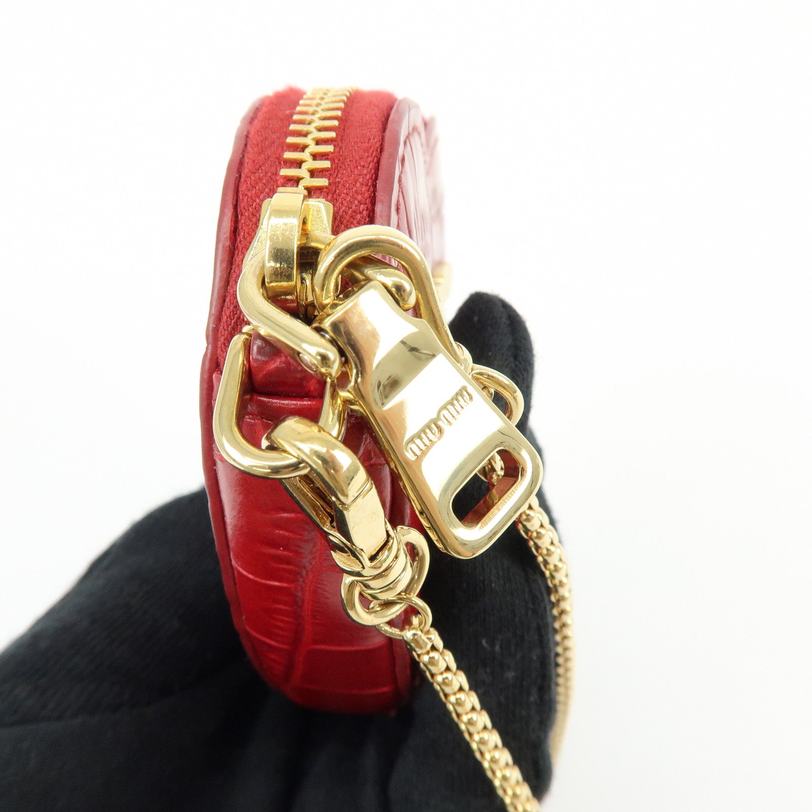 MIU MIU Embossed Leather Coin Case Bag Charm Heart Motif Red 5TL358
