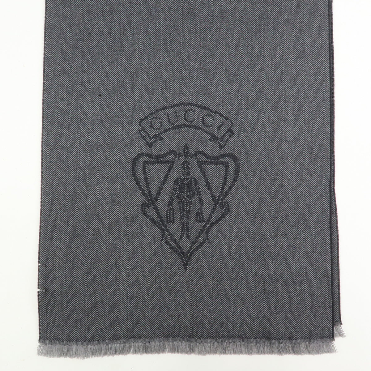 GUCCI Historia Wool 100% Scarf Crest Herringbone Gray