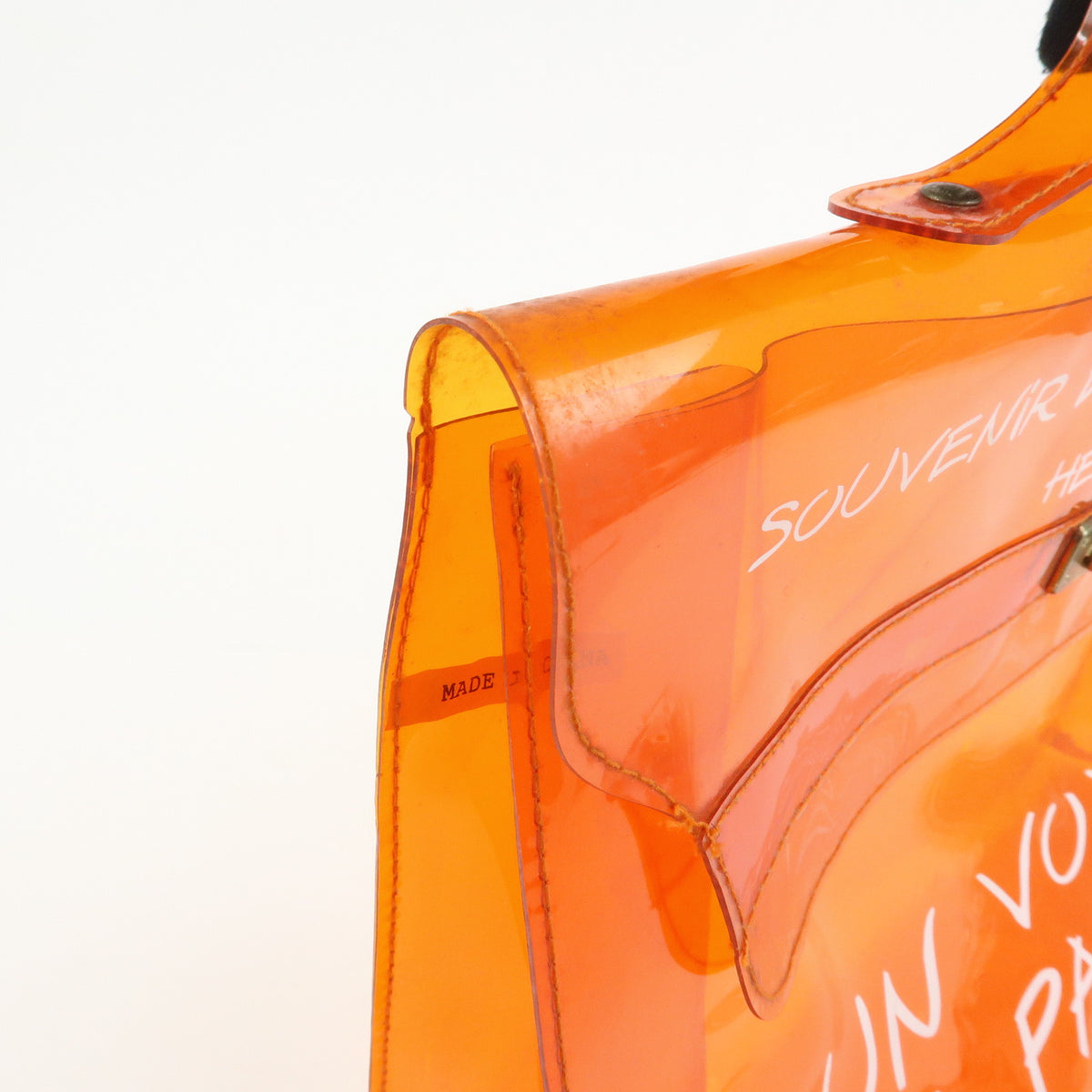 HERMES Vinyl Kelly Clear Hand Bag Transparent Orange