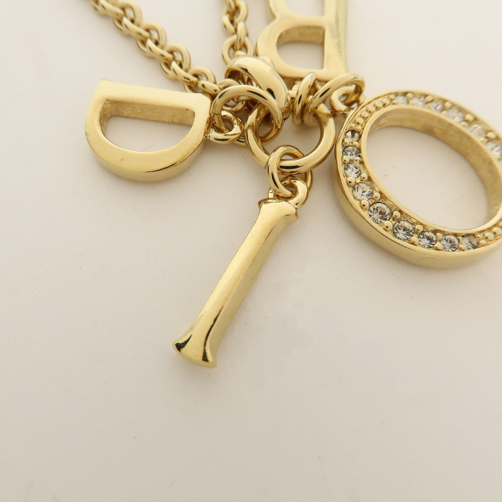 Christian Dior Logo Metal Rhinestone Pendant Necklace Gold
