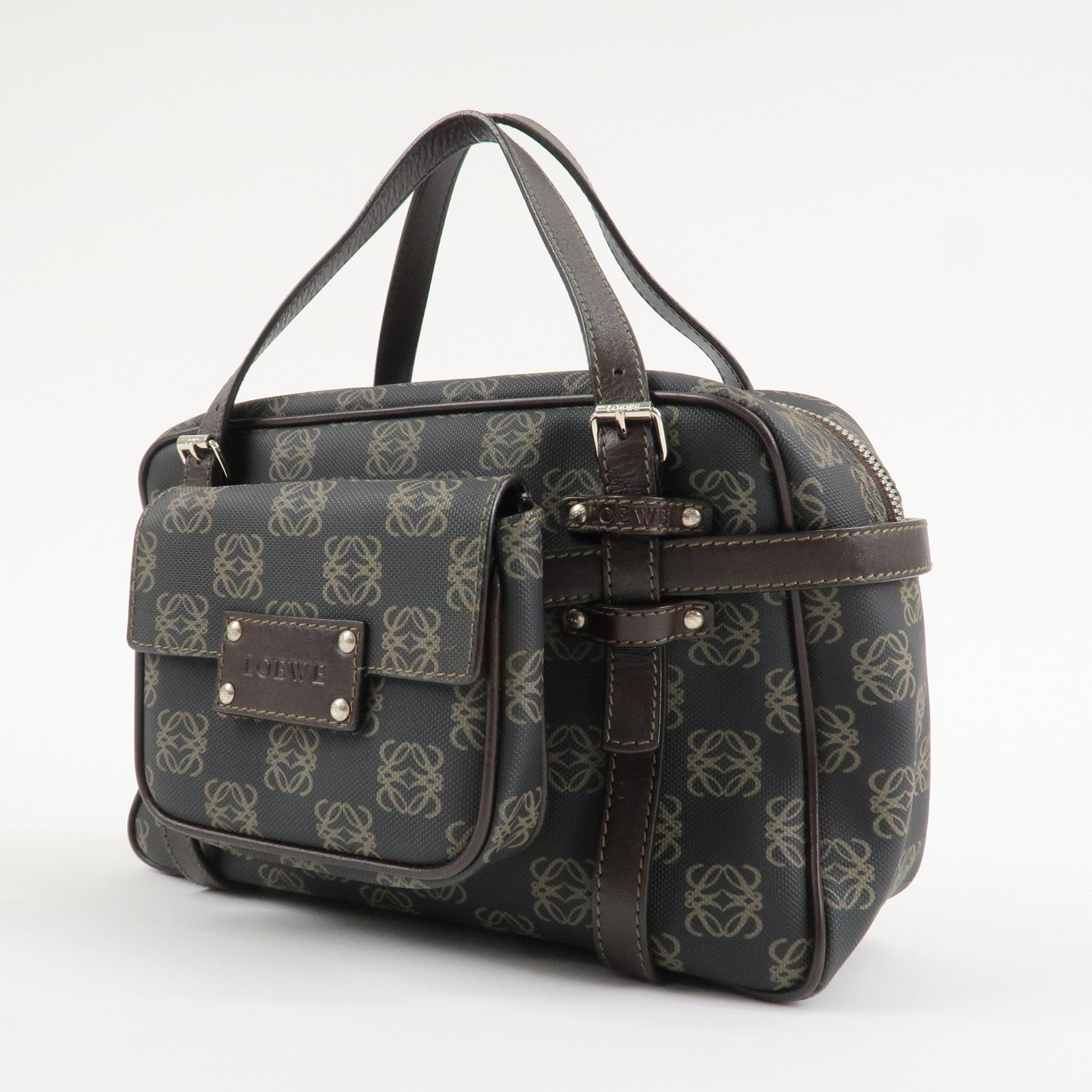 LOEWE Repeat Anagram PVC Leather 2Way Boston Bag Hand Bag Brown Used