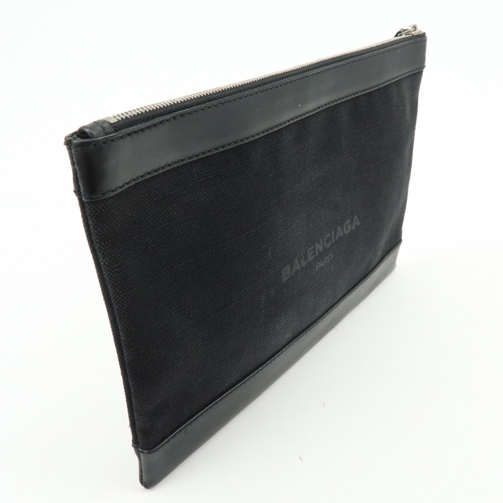 BALENCIAGA Navy Clip M Canvas Leather Clutch Bag Black 373834