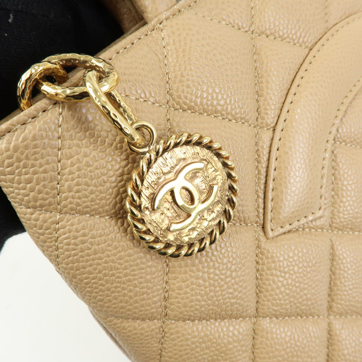 CHANEL Matelasse COCO Mark Caviarskin Medallion Tote Bag Beige A01804