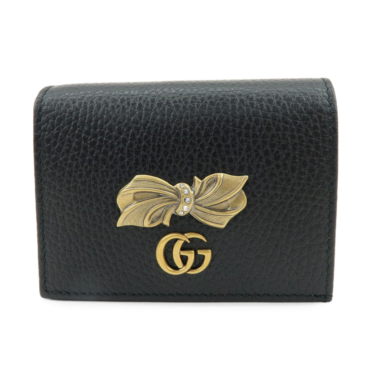 GUCCI Double G Leather Compact Bi-fold Wallet Ribbon Motif Black 524289