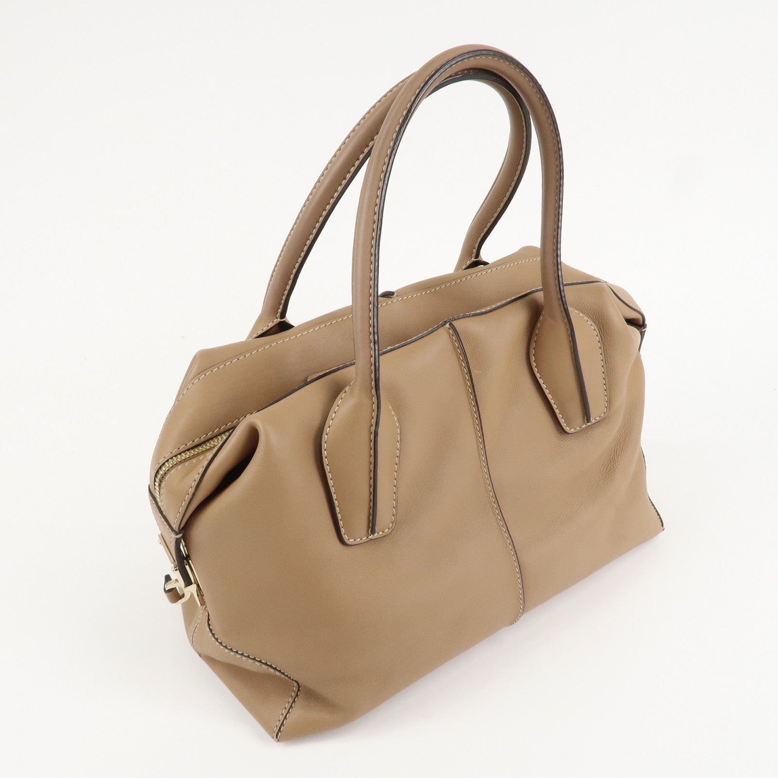 TOD'S Leather Shoulder Bag Boston Bag Hand Bag Beige Used